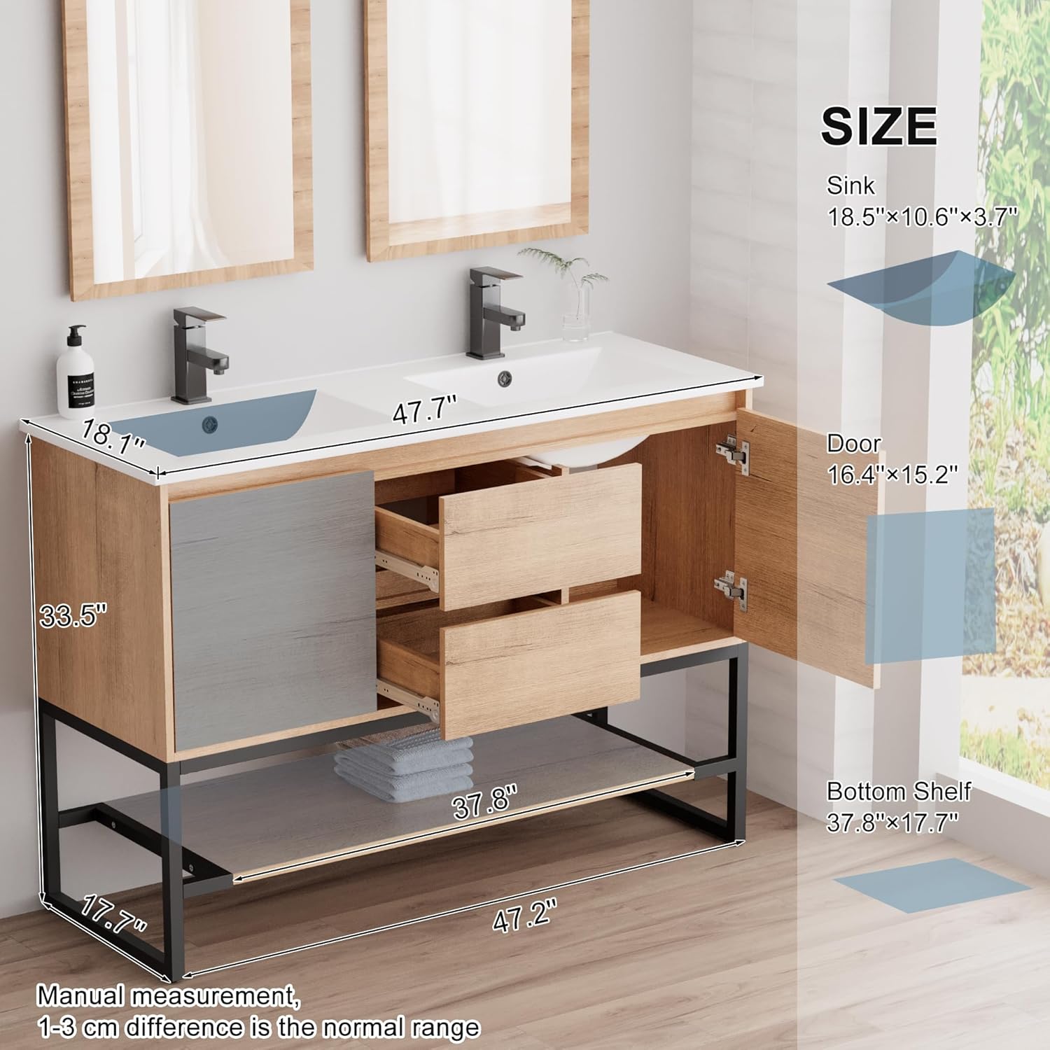 LUCKWIND 48" Bathroom Vanity with Sink Combo, Bathroom Storage Cabinet with Metal Frame, Matte Black Faucet, 1-Tier Open Shelf and 2 Soft-Closing Door, Natural Color