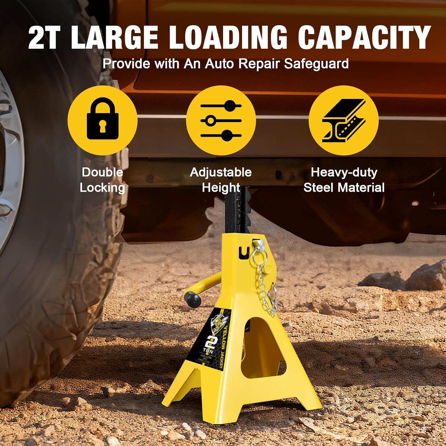 YELLOW JACKET Jack Stands 2 Ton with Double Locking for Lifting Car SUVS, 4400 lb Capacity, Heavy Duty Steel, 1 Pair, Yellow