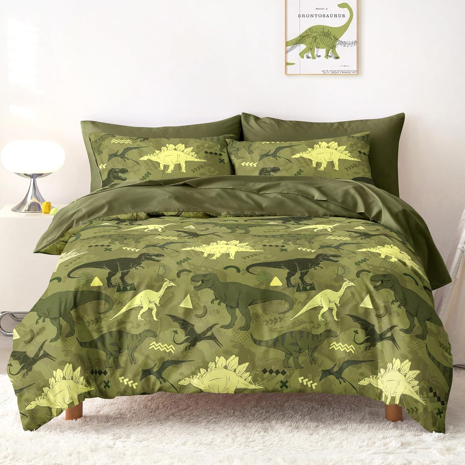 Wake In Cloud - Dinosaur Bedding Set for Boys, Jurassic Dino World Sketch, Soft Lightweight Comforter Set with Sheets, 5 Pieces Kids Bed in a Bag, Army Green, Twin Size