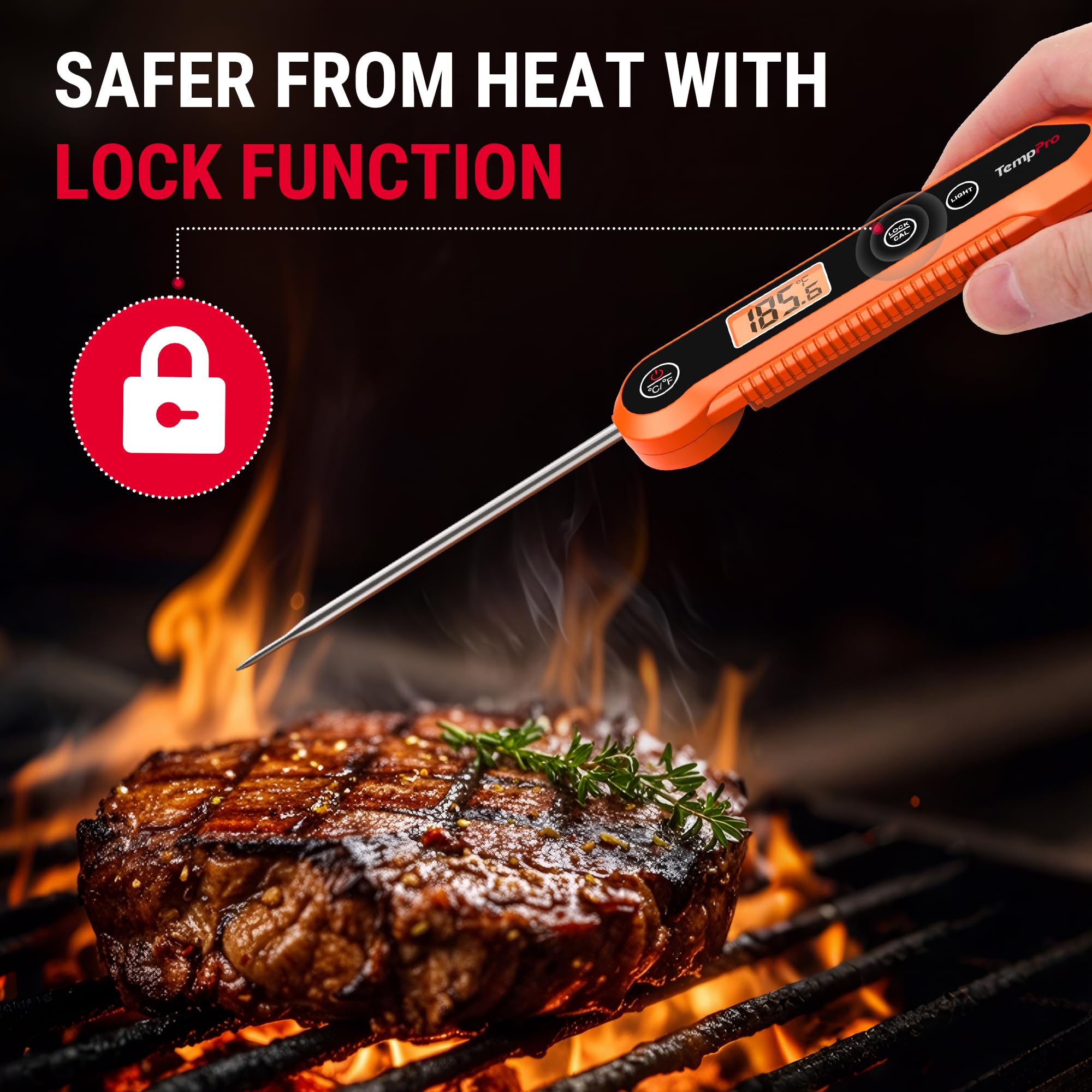ThermoPro IPX6 Wasserdicht Fleischthermometer 0.5°C Präzise Grillthermometer 3s Schnelle Reaktion Faltbares Küchenthermometer für BBQ, Braten, Grill und Getränken TP03H