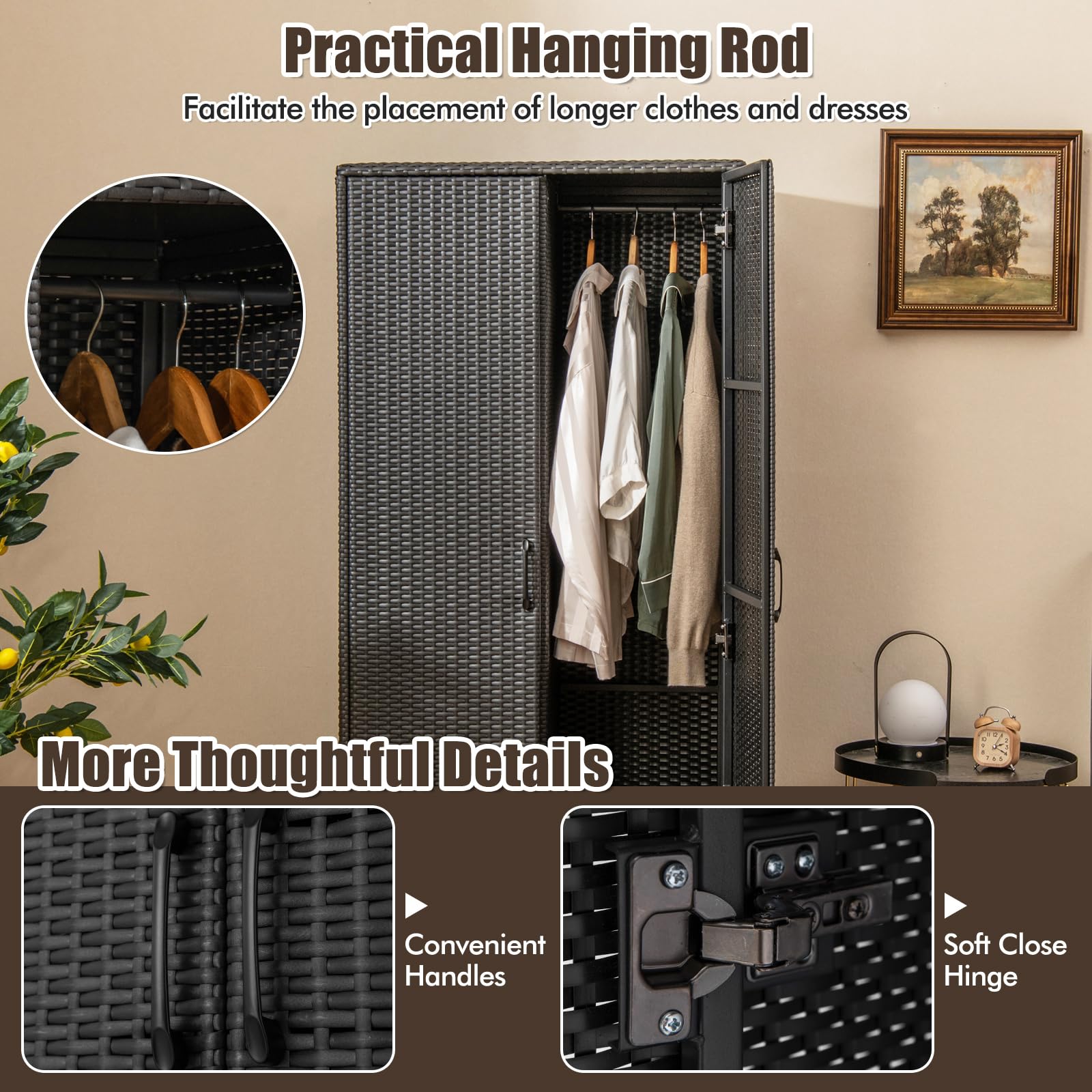 KOMFOTTEU Armario de Jardín de Ratán, Armario Alto con Barra para Colgar y 4 Cubos, Mueble de Almacenamiento con Puertas Dobles y Dispositivo Antivuelco, 72 x 50 x 157 cm (Negro)