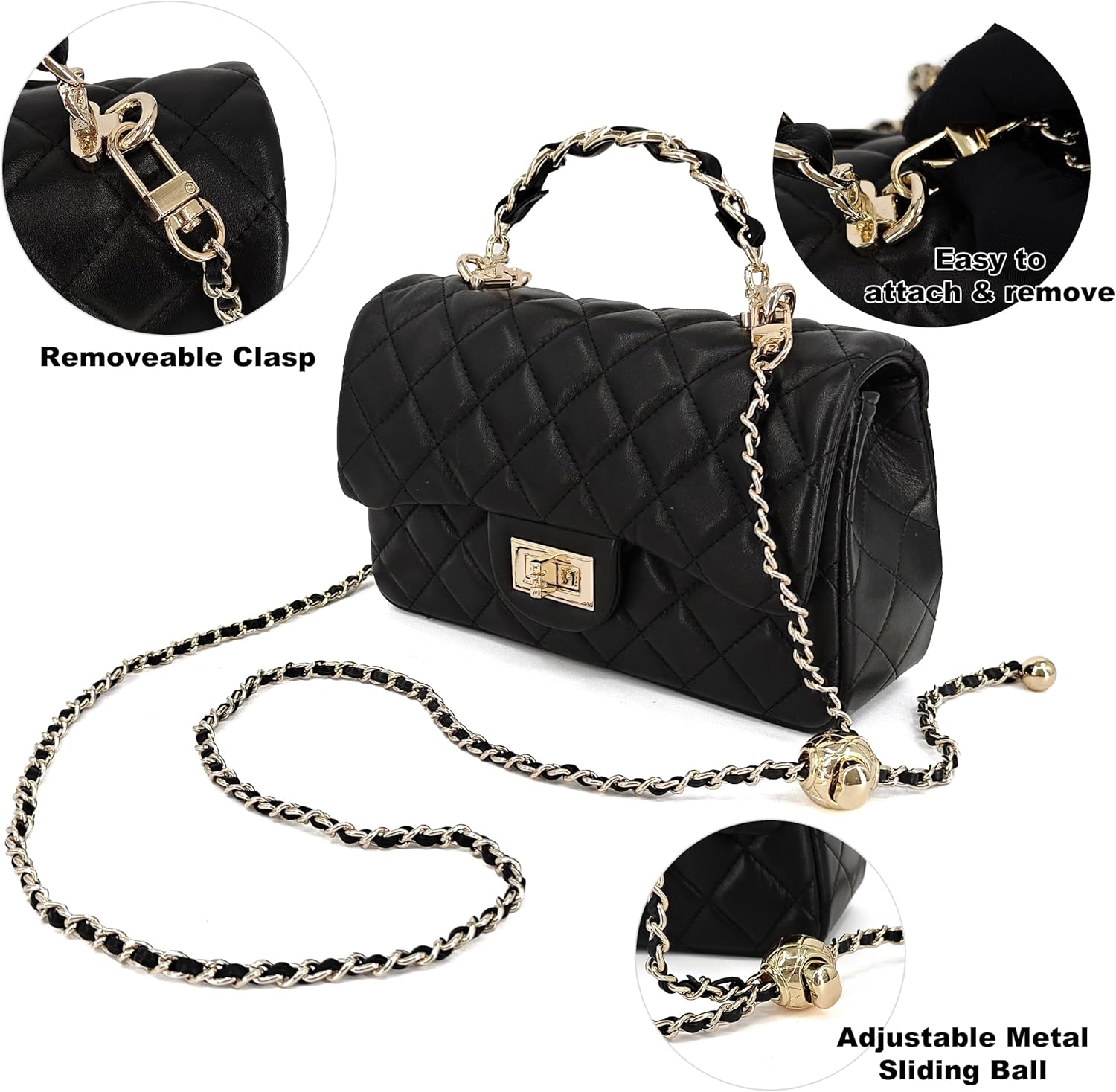 Small Quilted Crossbody Bags for Women,Leather Shoulder Bag with Gold Chain Strap,Metal Top Handle Flap Evening Purse - Image 3