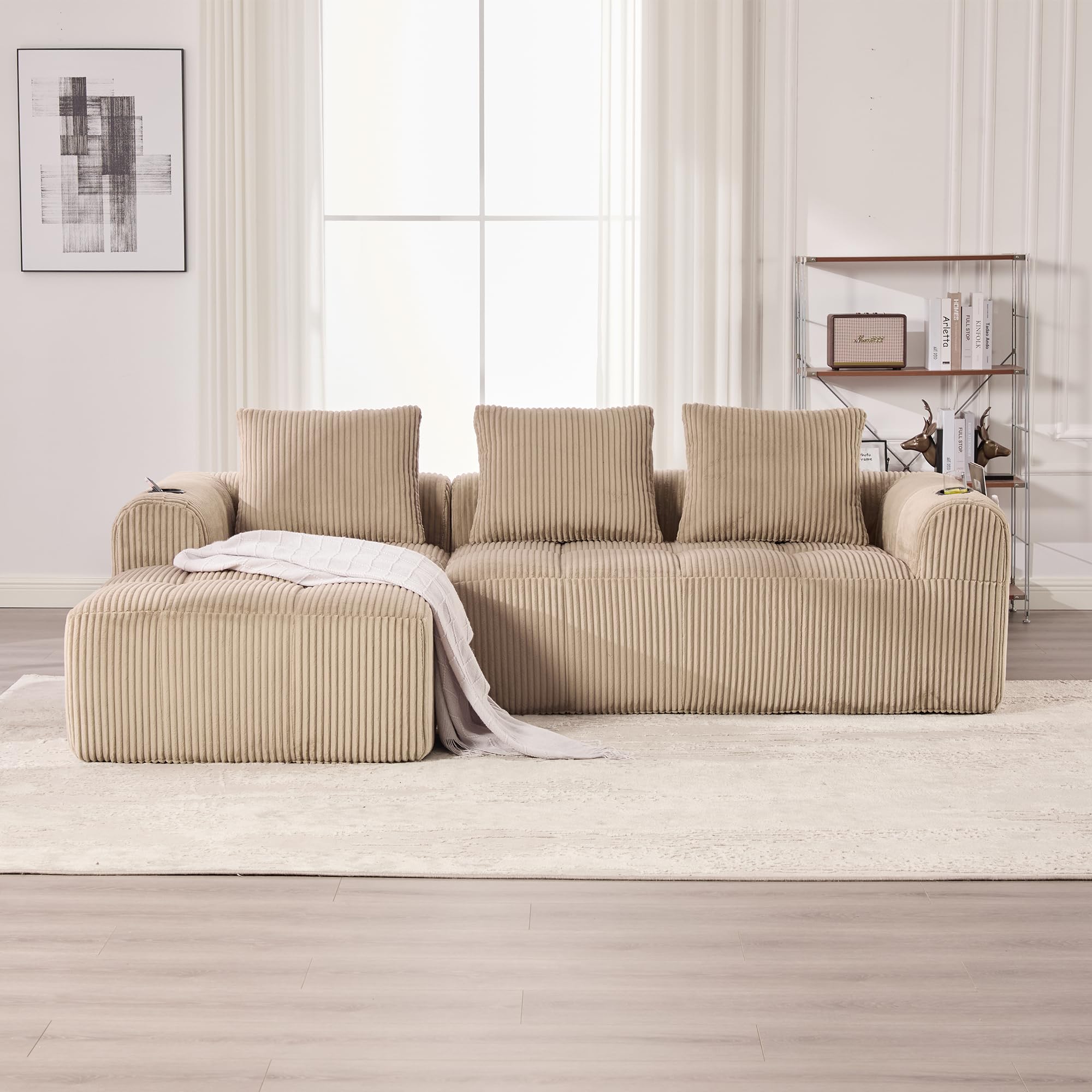 Soweiz Sofá compacto de pana – Sofá modular suave con bolsillo lateral y soporte para bebidas, comodidad para sentarse durante mucho tiempo, incluye 3 almohadas. Para salón, estudio y más (caqui)