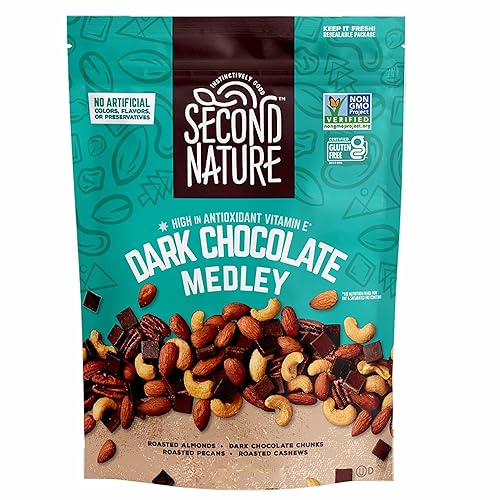 Second Nature Mezcla de frutos secos de chocolate oscuro, bolsa resellable, aperitivo certificado sin gluten, 12 onzas