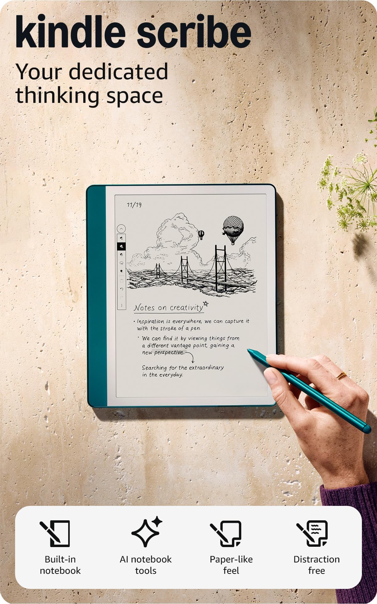 Amazon Kindle Scribe (64GB) - Your notes, documents and books, all in one place. With built-in AI notebook summarization. Includes Premium Pen - Metallic Jade + 3 months of Kindle Unlimited (with auto-renewal)