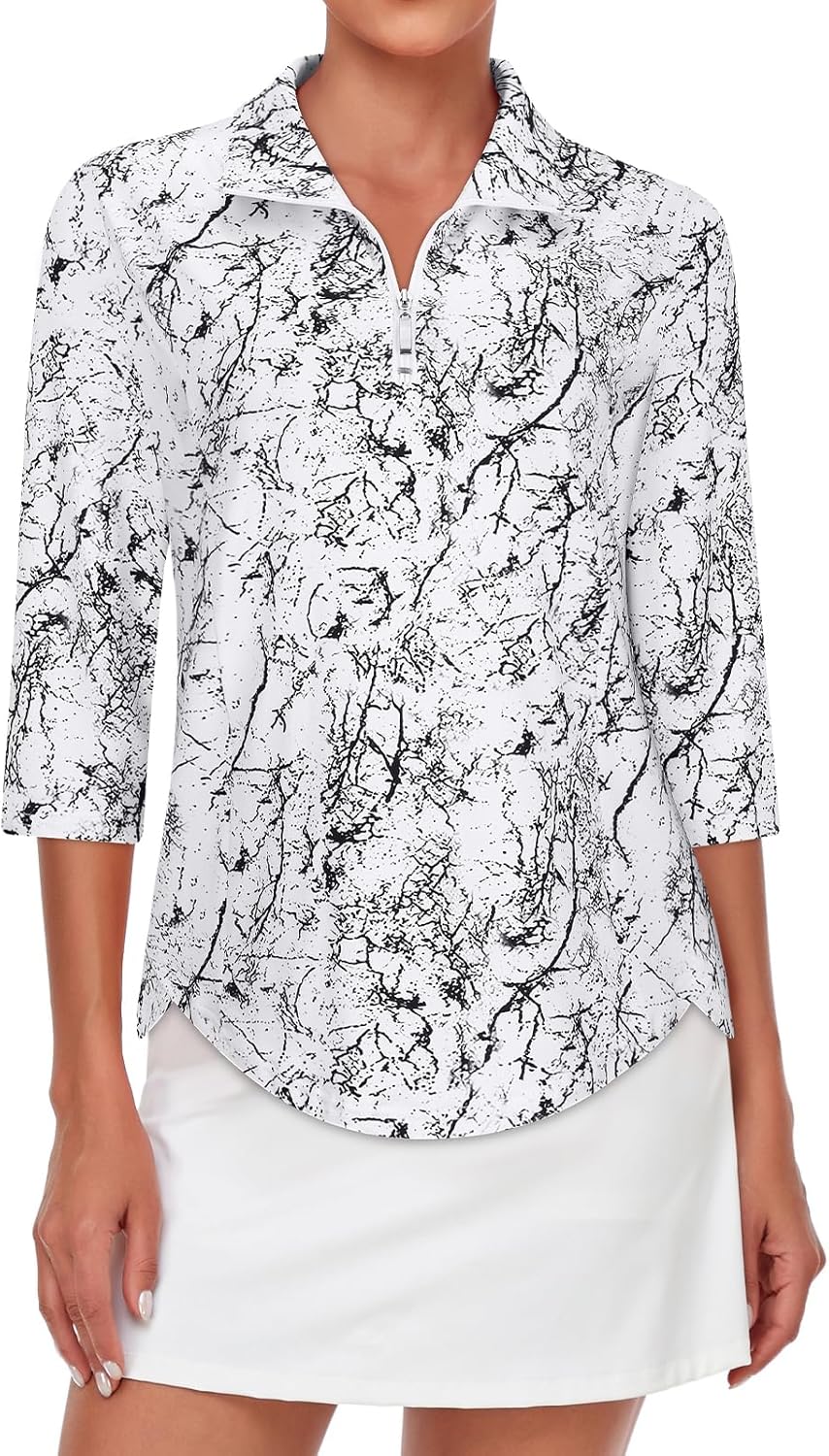 Tanst Sky Womens Golf Polo Shirts Zipper 3/4 Sleeve Moisture Wicking Tops UPF 50+ Workout Tennis Apparel