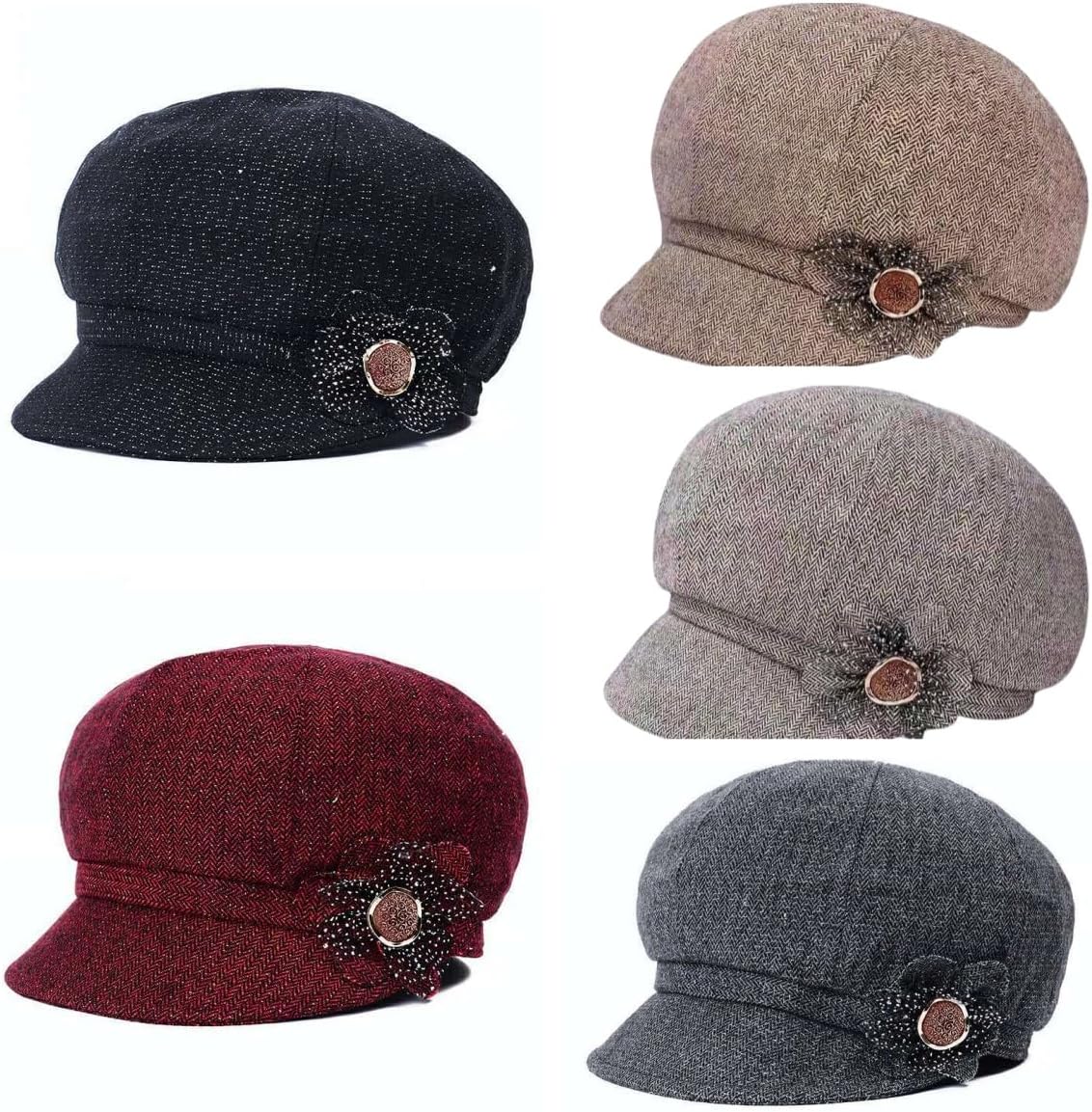 Women Newsboy Cap, Retro Cotton Cabbie Beret Hat with Flower Buckle Adjustable Octagonal Cap for Ladies Girls - Image 5