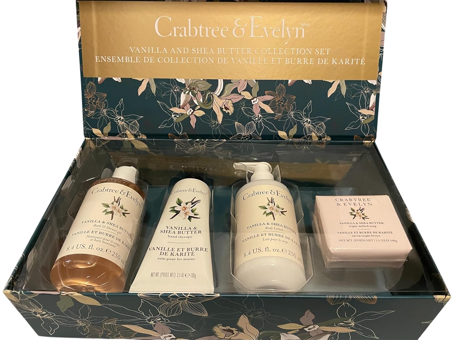 Crabtree & Evelyn Vanilla & Shea Butter Collection Set (Bath & Shower Gel 8.4 fl oz, Hand Therapy 3.5 oz, Body Lotion 8.4 fl oz, Bar Soap 3.5 oz)