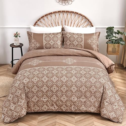 Luxudecor Juego de edredón bohemio tamaño King, edredón caqui de 3 piezas con diseño floral bohemio, juego de ropa de cama de microfibra ultra