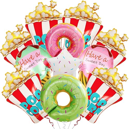 KatchOn Juego de globos gigantes de palomitas de maíz y helado, 11 unidades, 30 x 18 y 27 x 18 pulgadas, verde, rosa, azul, noche de cine y