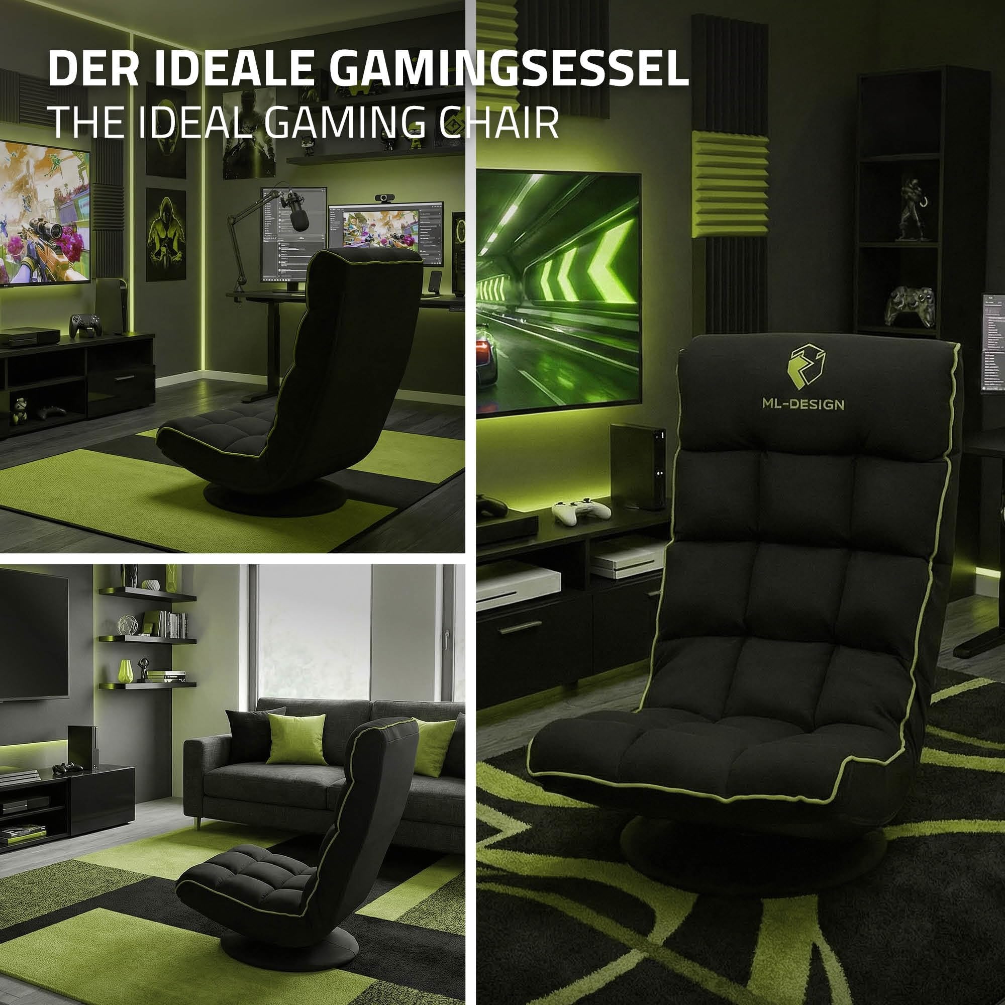 ML-Design Fauteuil de Sol Gaming Noir-Vert, Pivotant 360°, Modèle de Jeu Pliable avec Appui-Tête, Dossier Réglable et Rembourré, Siège Multi-Positions Relaxant, Confort pour Lounge Salon ou Chambre
