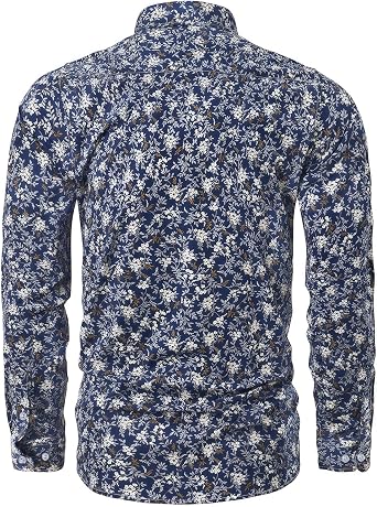 TUNEVUSE Men Floral Dress Shirt, Long Sleeve Button Down Patterned Cotton