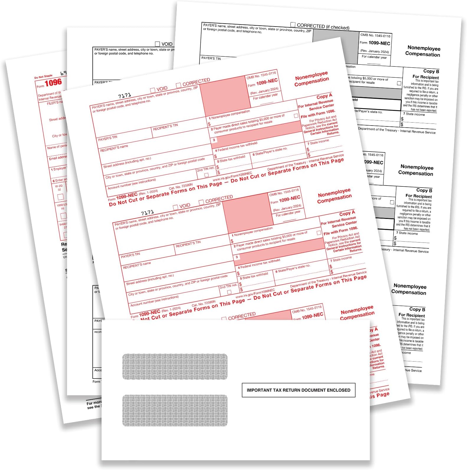 1099-NEC Forms 2024,4 Part Tax Forms Kit with 25 Self-Seal Envelopes,25 Vendor Kit of Laser Forms,Compatible with QuickBooks and Accounting,Includes 3 1096 Forms