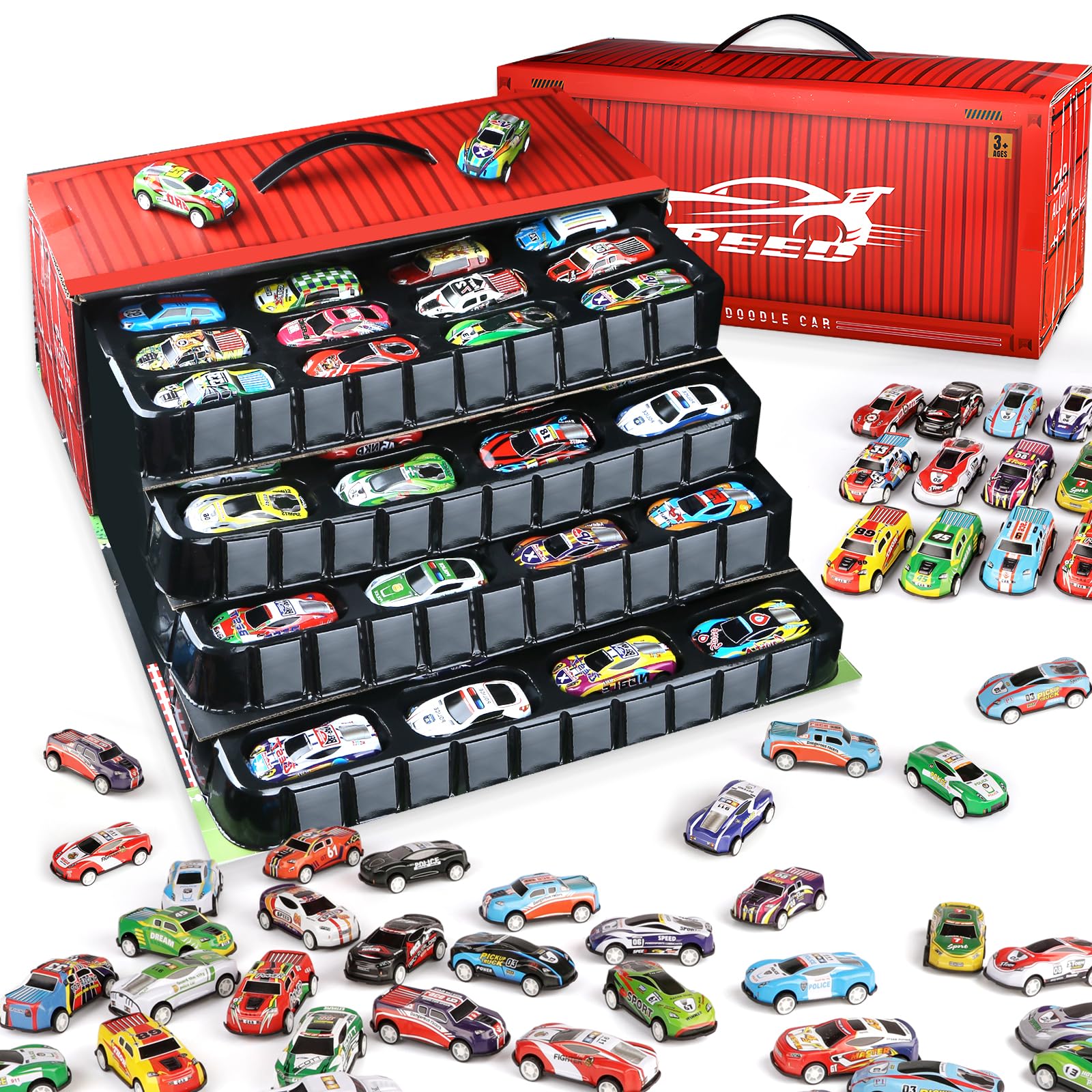 Varrotoy 48 Pieces Metal Pull Back Cars Toy,Mini Racing Vehicles for Kids,Storage Container Truck Toy with Track Maps for Boys and Girls 3+ Years Old
