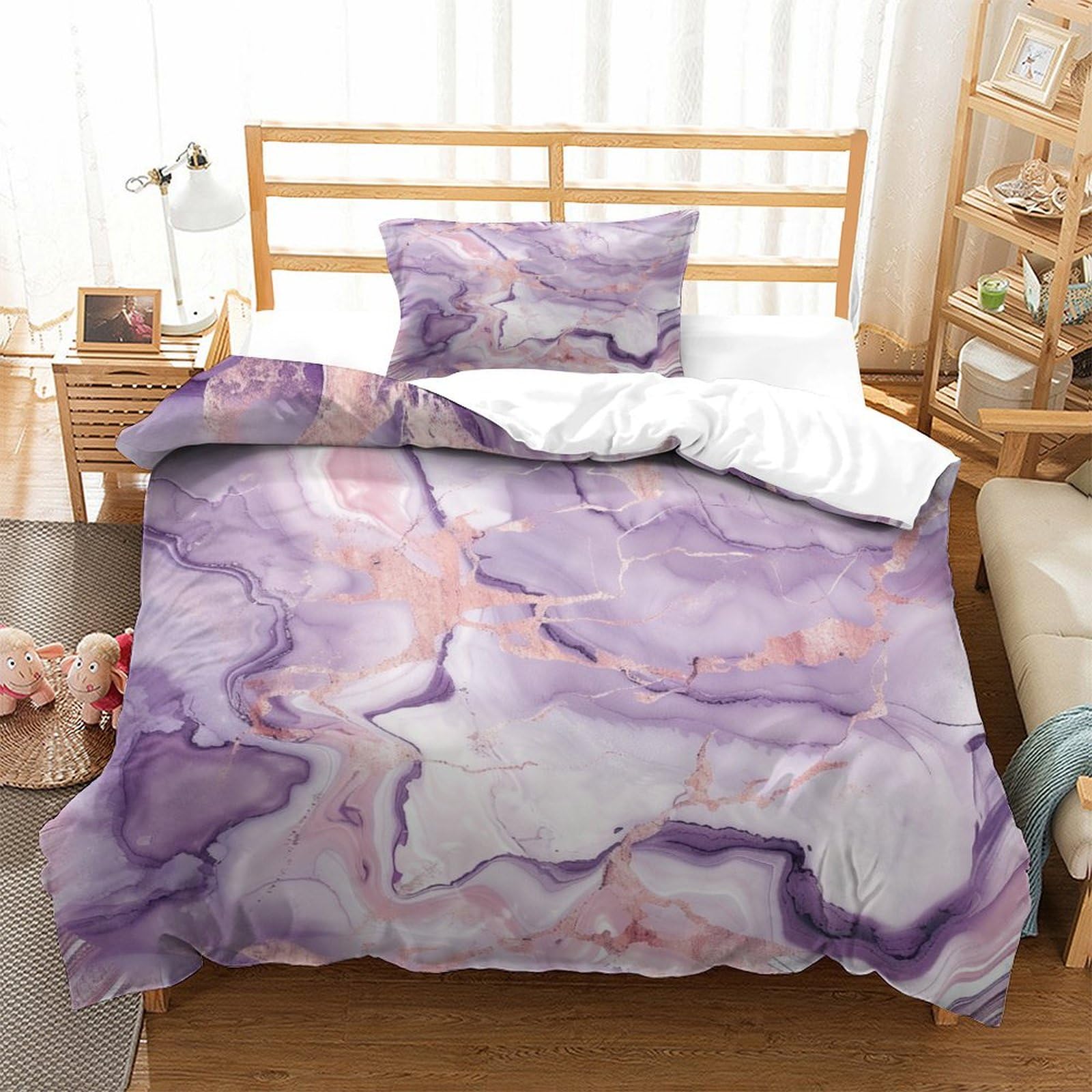 P1S9U7W5Y 3D Printed Purple Marble Pattern Duvet Cover Set 3pcs Microfiber Artistic Bedding Set Single（135x200cm）