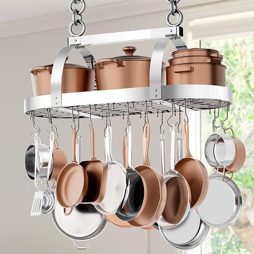 KES KUR221S85-CH - Supporto da soffitto per pentole e padelle da 86 cm, resistente, cromato, con 20 ganci a S (per travetti da soffitto da 40,6 cm e 61 cm)