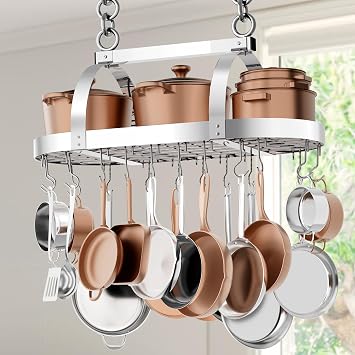 KES 34 Inch Heavy Duty Chrome Hanging Pot Rack Ceiling Mount, Oval Pot and Pan Hanging Rack, Pan Hanger for Kitchen Storage Organizer with 20 S Hooks For 16" and 24" Ceiling Joist, KUR221S85-CH
