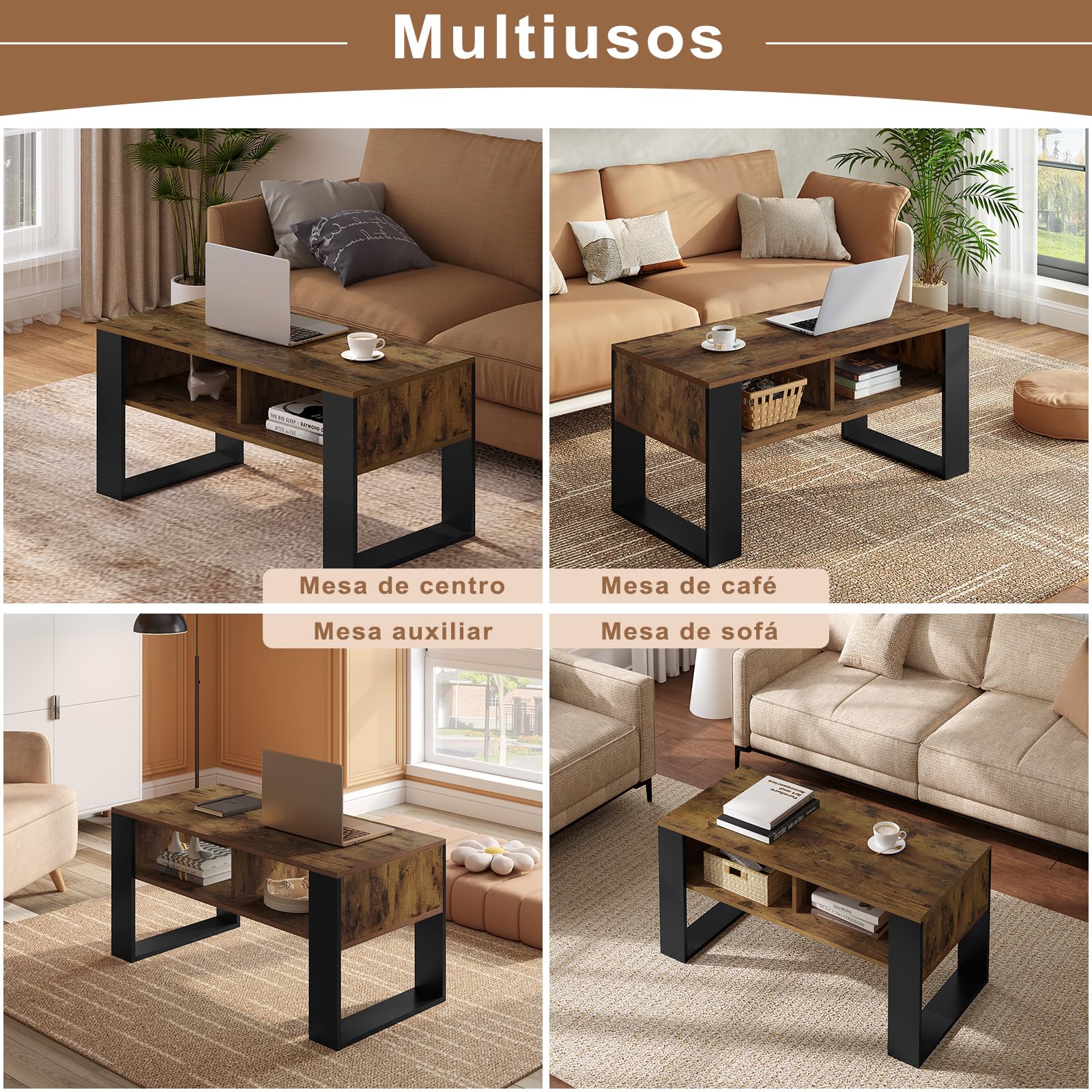 WOLTU Mesa de Centro, Mesita de Sofa con Comportamientos, Mesa Auxiliar con 2 Niveles, para Salon Balcon y Cafeteria, Marrón Rústico+Negro, 90x45x45cm, BTS16hov