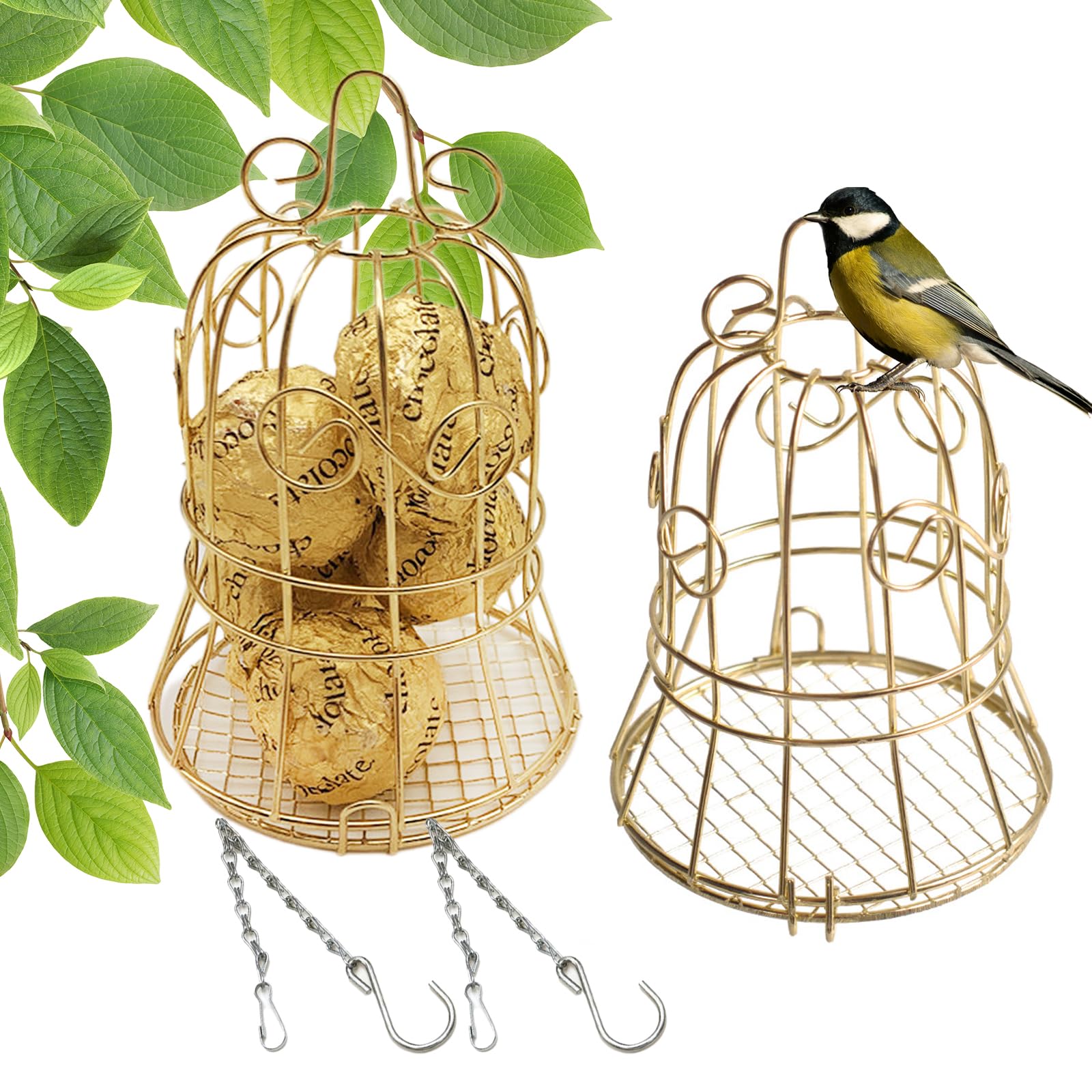 Mangeoire à Oiseaux Extérieur En Métal Doré - Pour Boules De Graisse Et Graines, Suspendue, 2 Pièces Avec Chaînes - 5