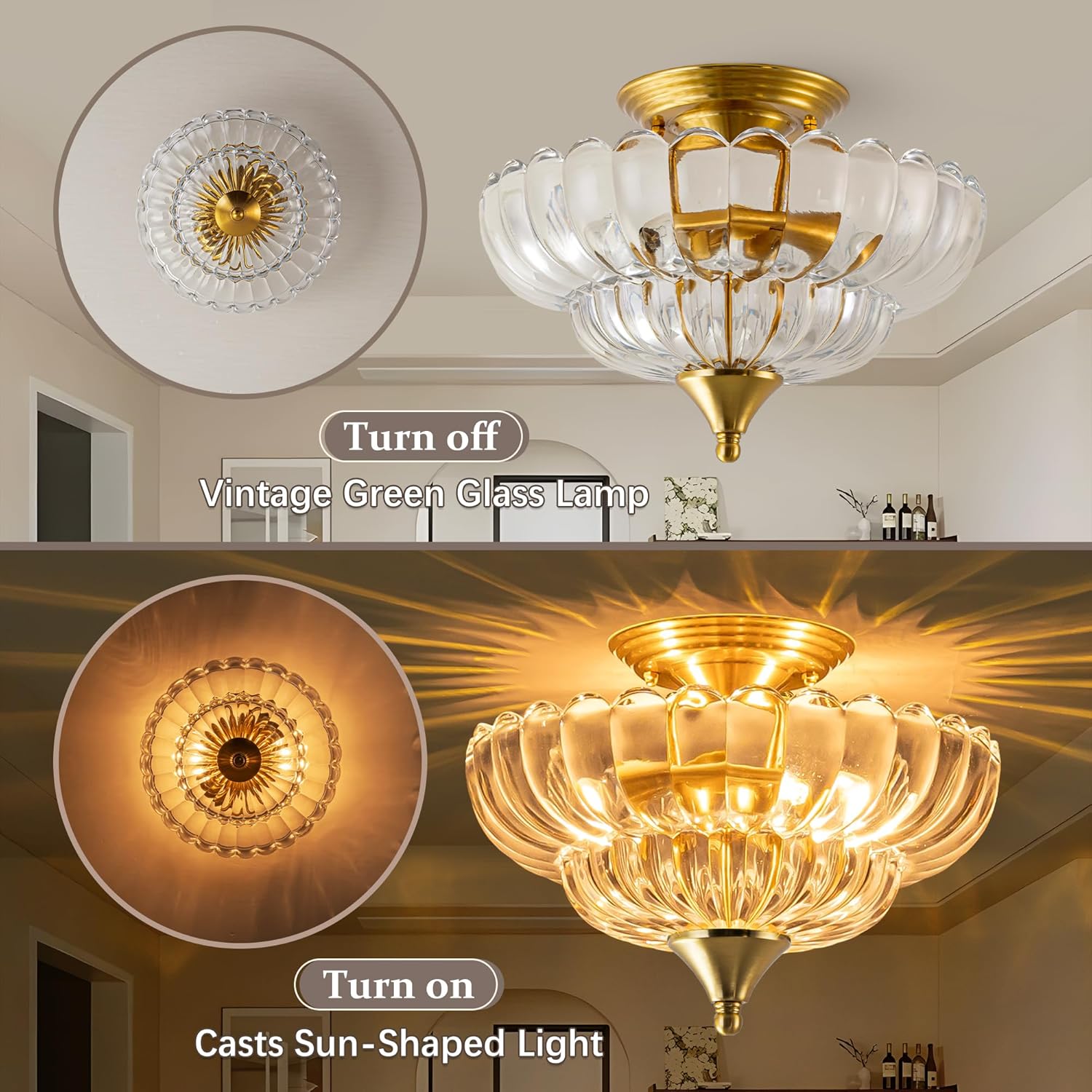 FTL Gold Semi Flush Mount Ceiling Light, Vintage Scalloped Transparent Glass Chandelier, 2-Light Close to Ceiling Light Fixture for Bedroom Kitchen Foyer Entryway Hallway