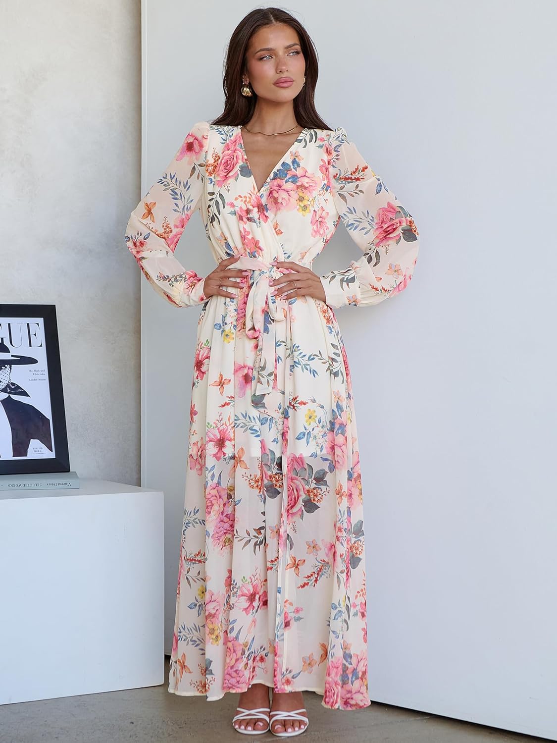 ANRABESS Women’s Long Sleeve Floral Maxi Dress Boho Flowy Wrap Slit V Neck Beach Fall Wedding Guest Party Vacation Dresses - Image 3