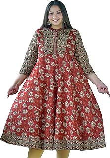 Women's Floral Printed Yoke Design Pure Cotton 3/4 Sleeve Indian Anarkali Kurta For Summer