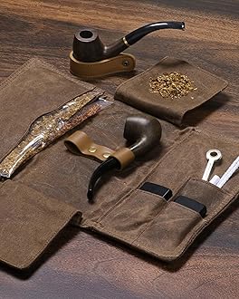 Waxed Canvas Tobacco Pouch for 2 Pipes, Smoking Tobacco Pipe Pouch with Foldable Stand, Smoking Case Bag Accessories Storage Organizer for Travel, Daily Use & Gift (Pipes Not Included)