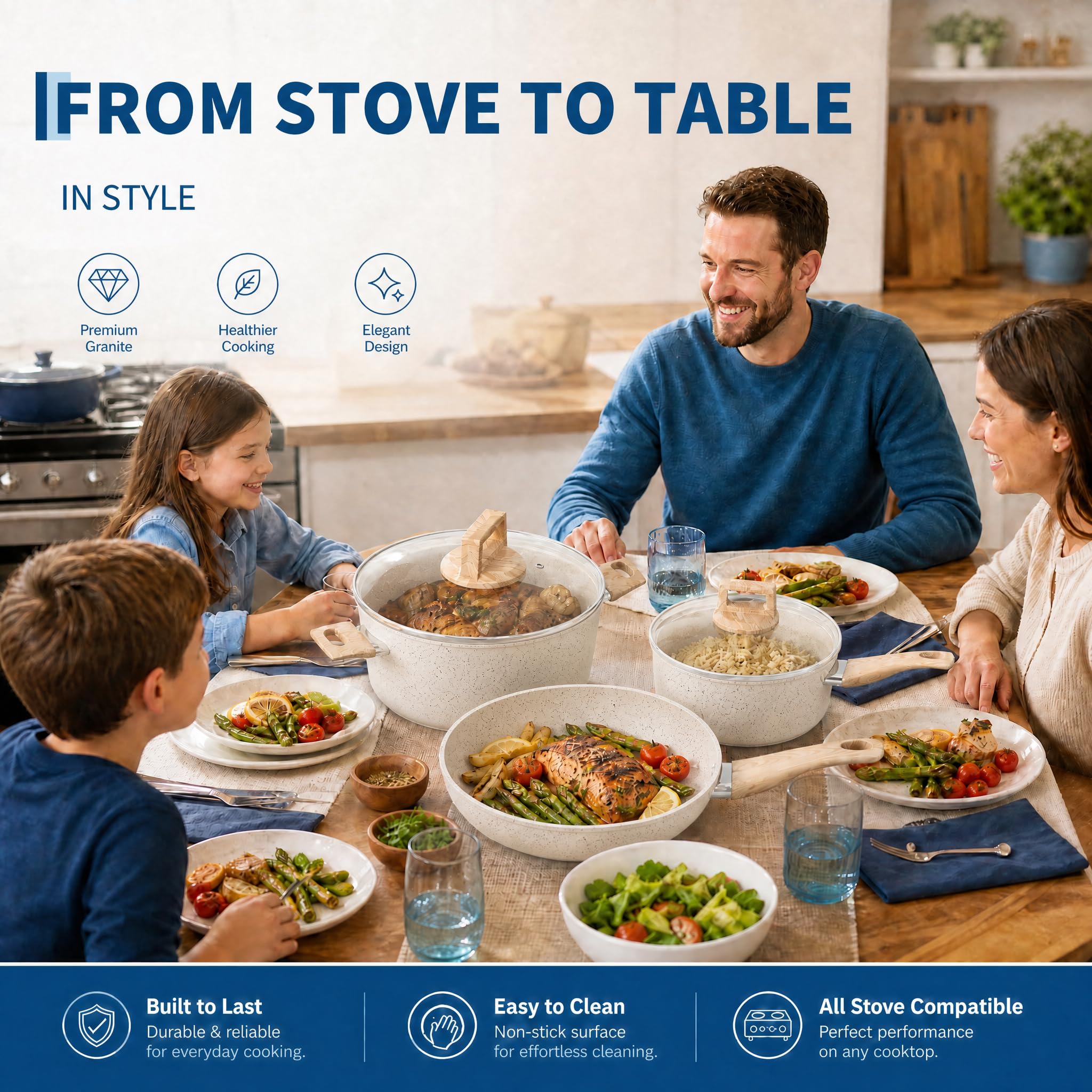 Batería de cocina antiadherente de cerámica de 21 piezas, compatible con inducción, con sartenes, ollas y olla de vapor, con utensilios de cocina, color blanco crema