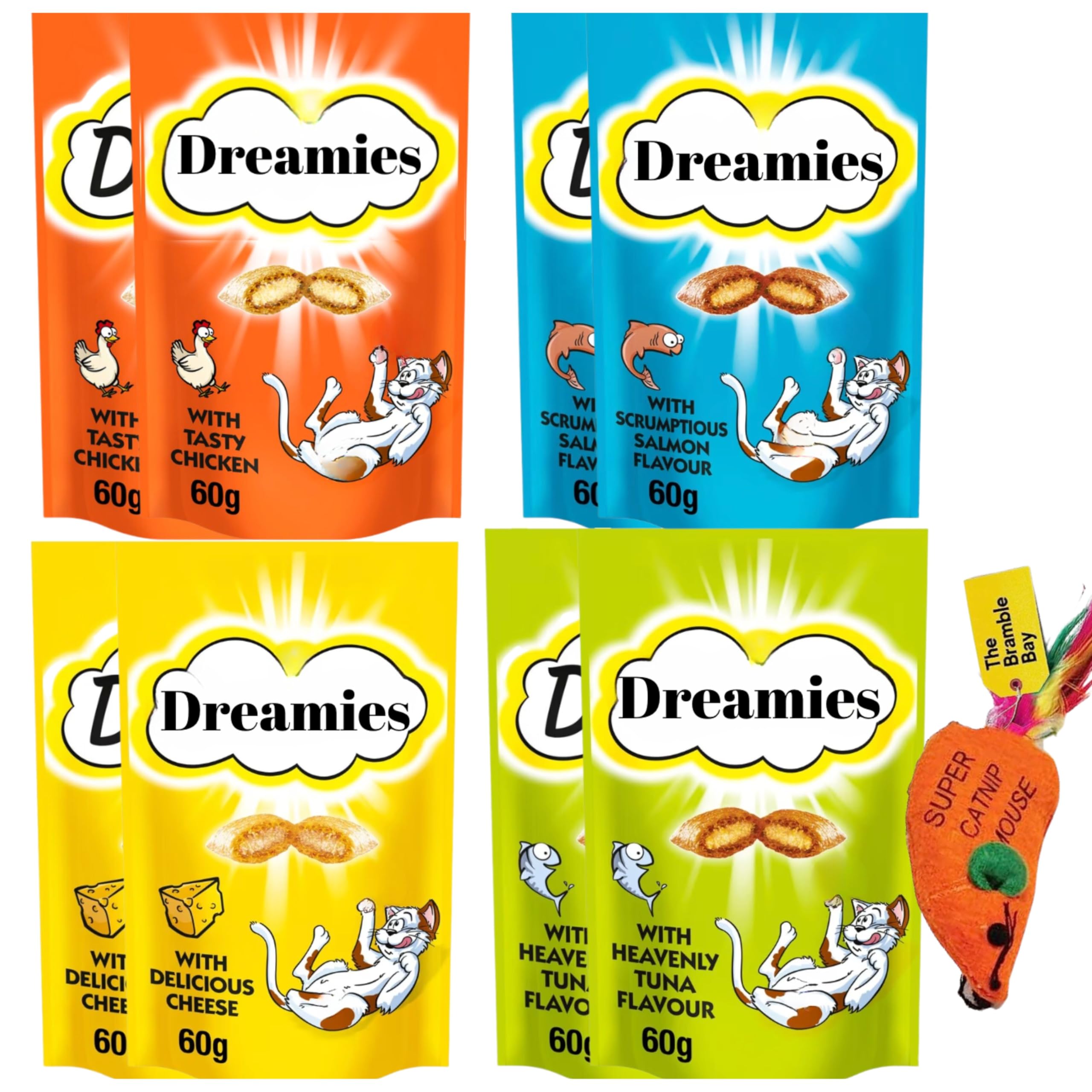 Cat Treats Toy Bundle contains Crunchy Snacks Salmon, Tuna, Cheese, Chicken, Pack of 8 and our Cat Toy