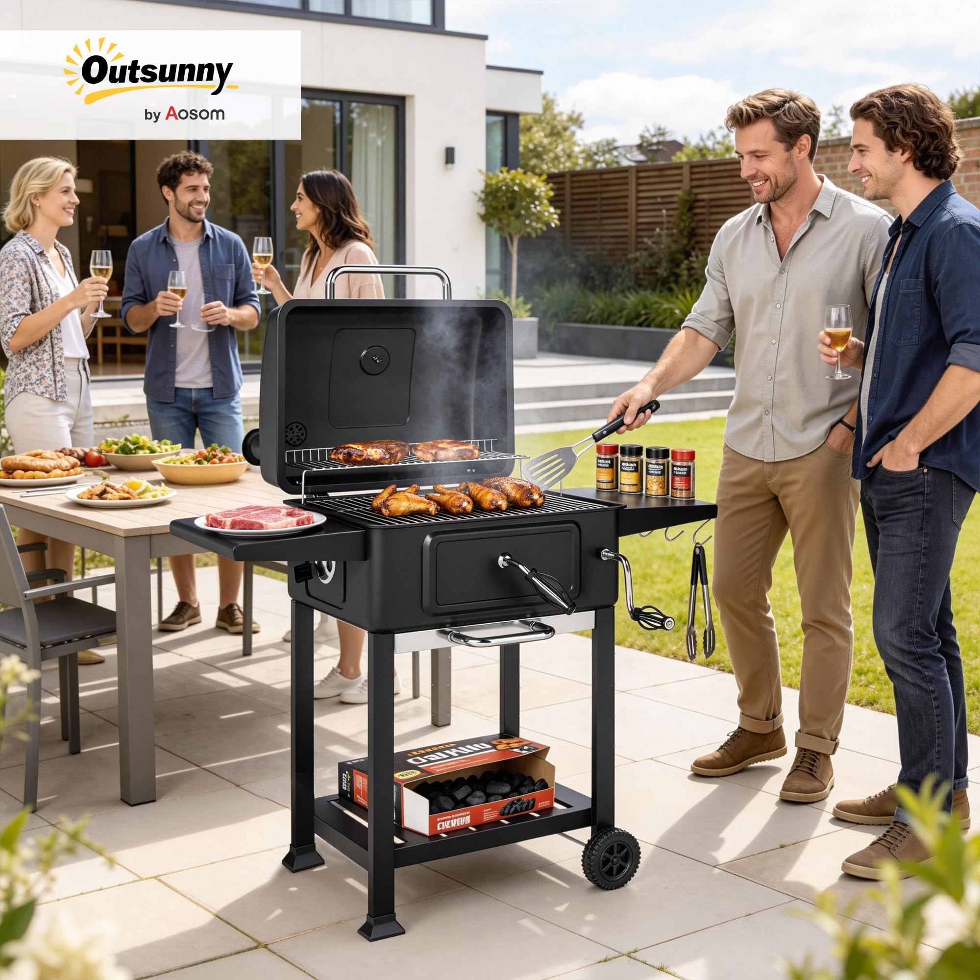 Outsunny Grill węglowy BBQ Smoker z pokrywą, termometrem, regulowaną wysokością węgla, kominem, rusztem, boczną półką i tacką na popiół, grill na kółkach do ogrodu i kempingu