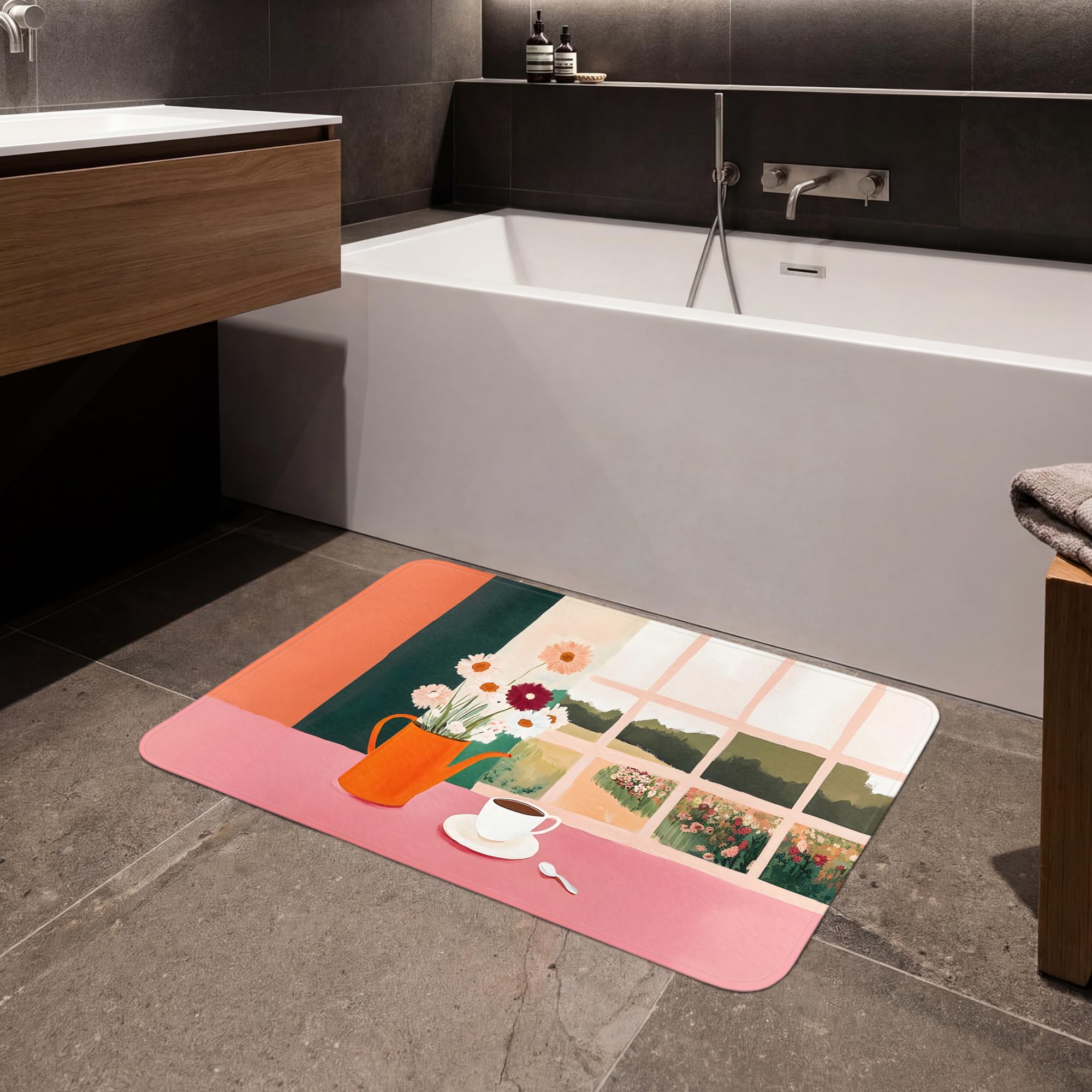 Alfombra De Baño Rectangular 90x60 cm Bathroom Bath Mat Lavable Tapete Antideslizante Alfombras Ducha Decoracion Alfombrilla Flores - Café - Ventana