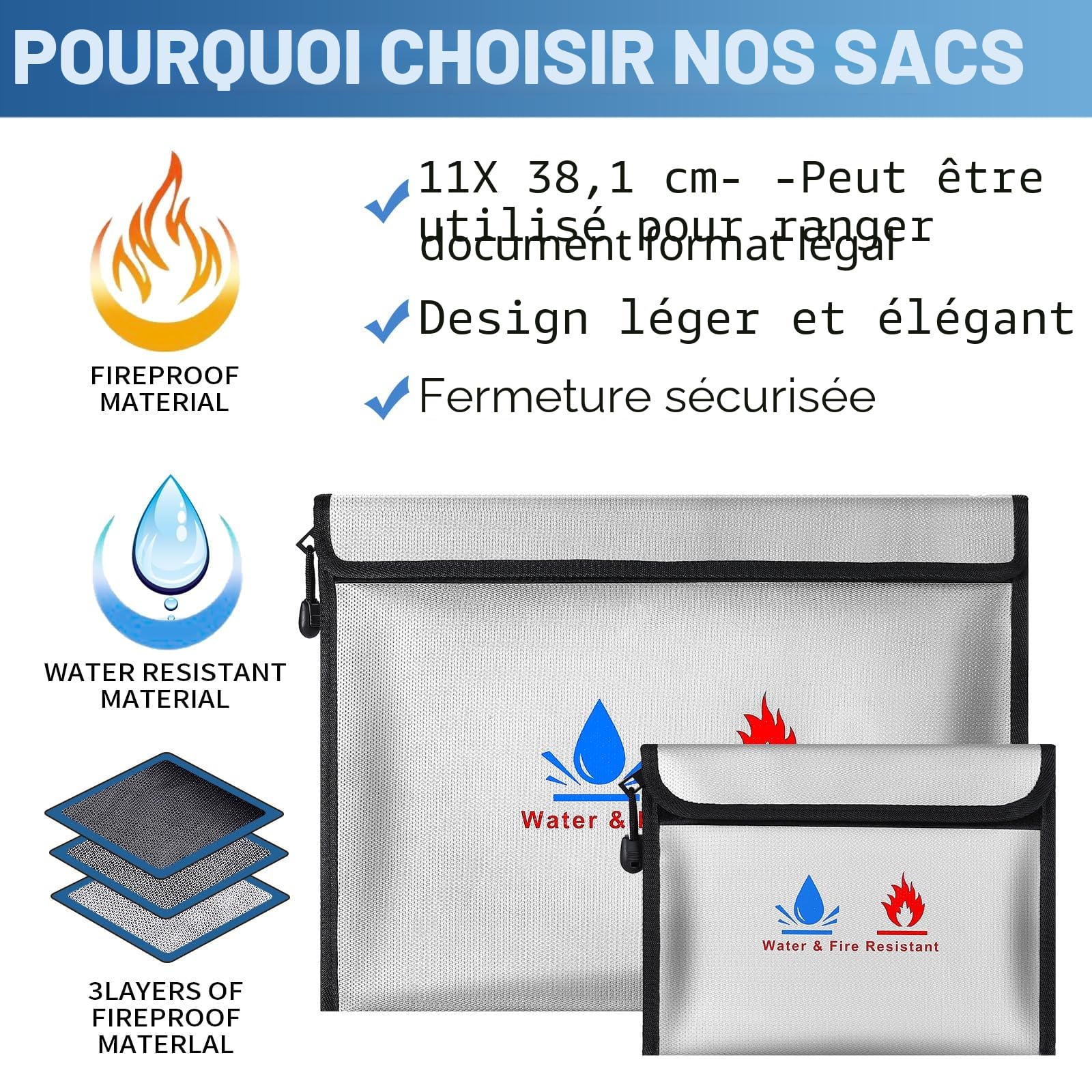 Sacs anti-feu ,2 porte-documents ignifuges | Sac étanche à feu pour documents de passeport bandatei d'argent | En fibre de verre de qualité supérieure