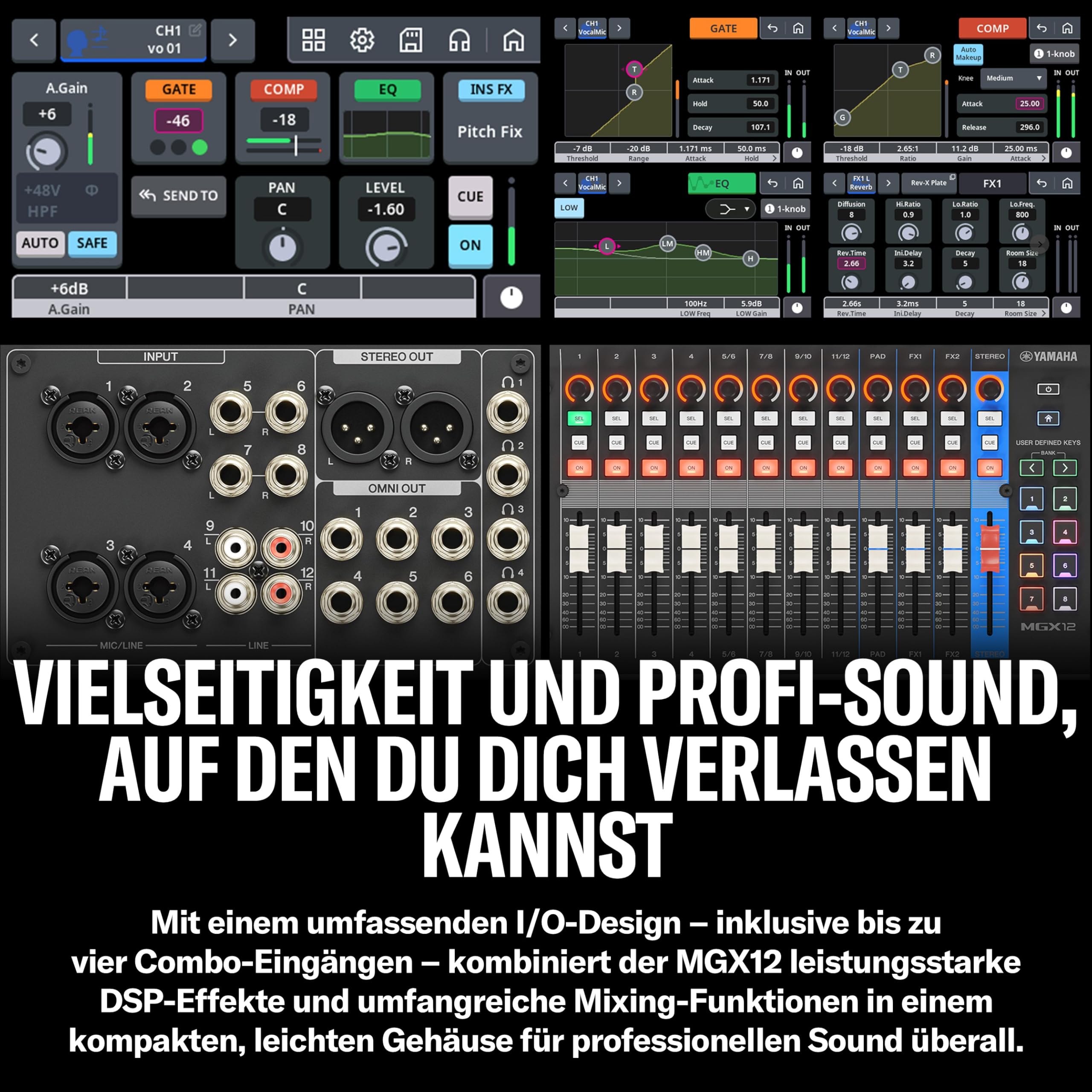 YAMAHA MGX12 Digitaler Audio-Mixer mit Touch-LCD, Bluetooth, Schwarz | Kompakter Audio-Mixer mit Dual-USB, microSD-Mehrspuraufnahme und intelligenten Audio-Tools