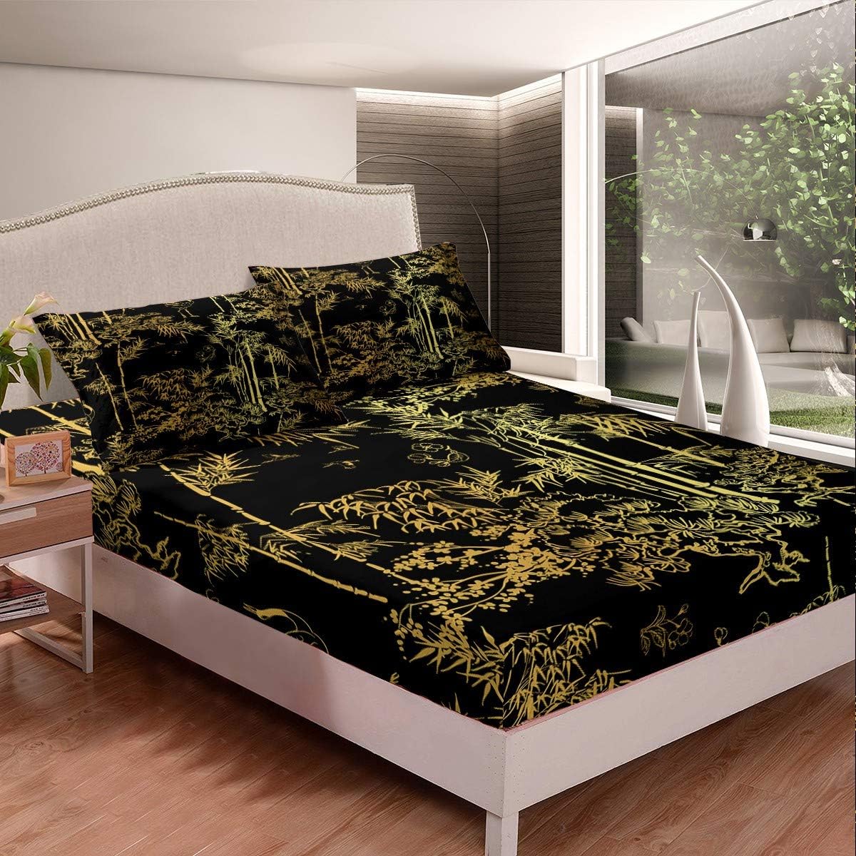 Luxury Black Gold Bedding Set Botancial Fitted Sheet Set for Man Woman Senior Bedroom,Eastern Botanical Bed Sheet Set Oriental Gift Bed Cover Fashion Decor 3 Pcs Full Size Multi 33 Full(54"x