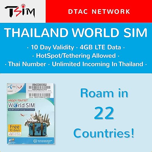 TSIM Tarjeta SIM de Tailandia (DTAC 4GB10Day Data Roamer)