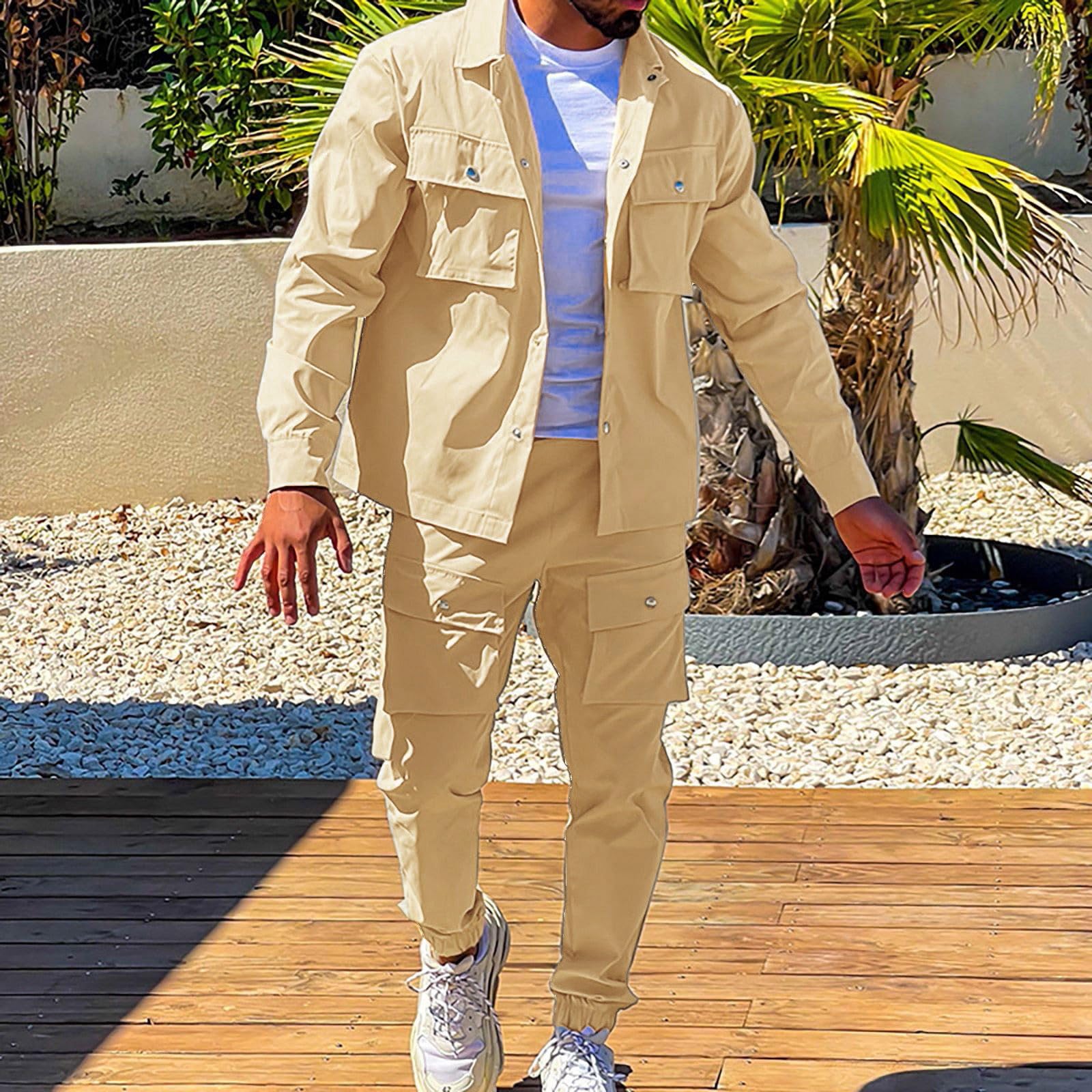 Uomo Set di Tuta Giacca con Bottoni e Pantaloni Cargo Jogging | Uomo Set di Tuta Casual Manica Lunga Top E Pantaloni Allungabili Daffaires Tuta Sportiva