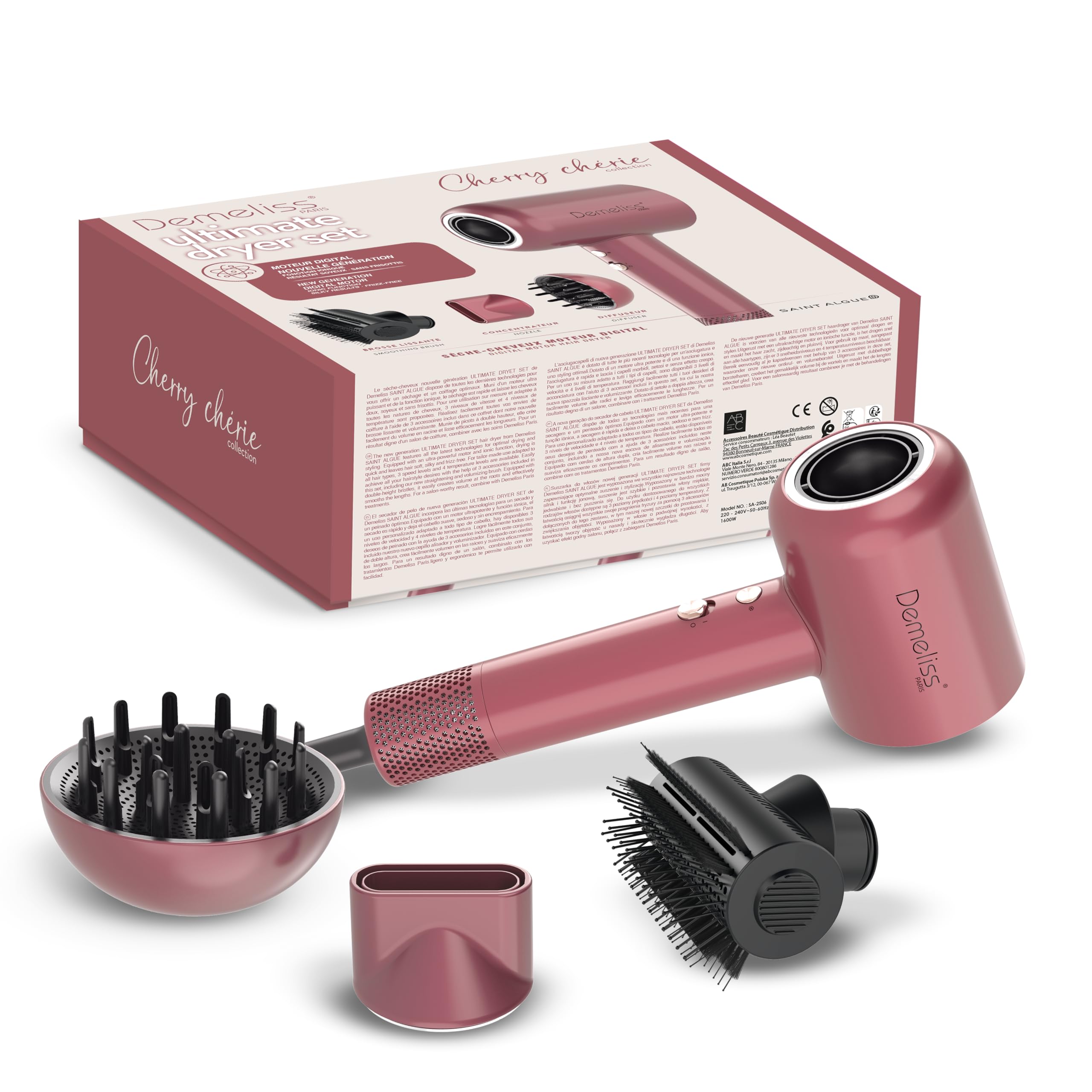 Demeliss Saint Algue Sèche Cheveux Cherry Chérie Ultimate Dryer – Moteur Digital – 4 Températures, 3 Vitesses – Concentrateur, Diffuseur, Brosse Lissante Inclus – Séchage Rapide, Coiffure Sur Mesure