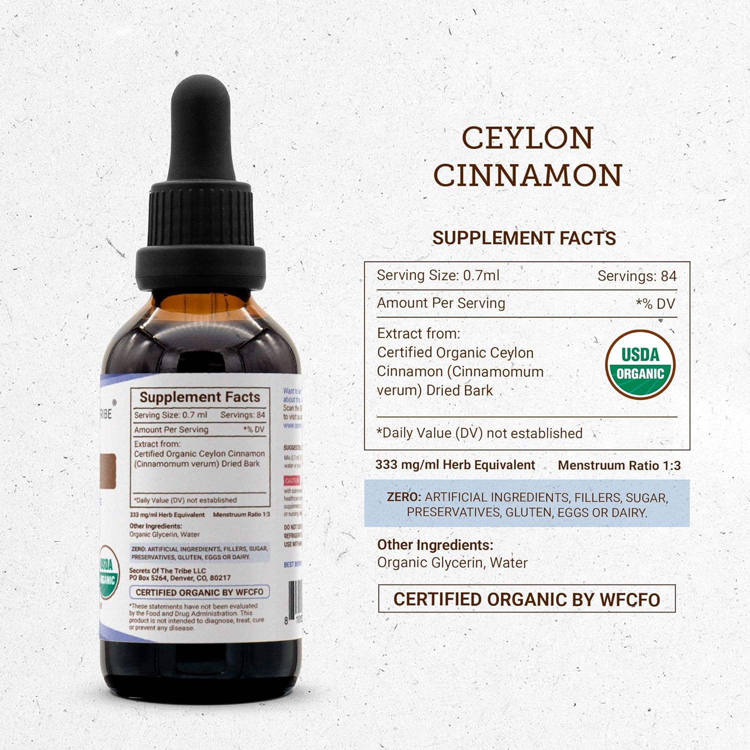 Secrets of the Tribe Ceylon Cinnamon USDA Organic | Alcohol-Free Extract, High-Potency Herbal Drops | Made from 100% Certified Organic Ceylon Cinnamon (Cinnamomum verum) Dried Bark (2 oz)