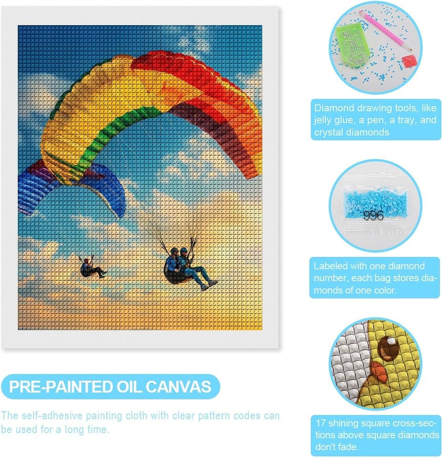 Skydiving Colorful Sunset Sports Diamond Painting Kits for Adults DIY Full Square Drill Diamond Art Crafts 16"x20"