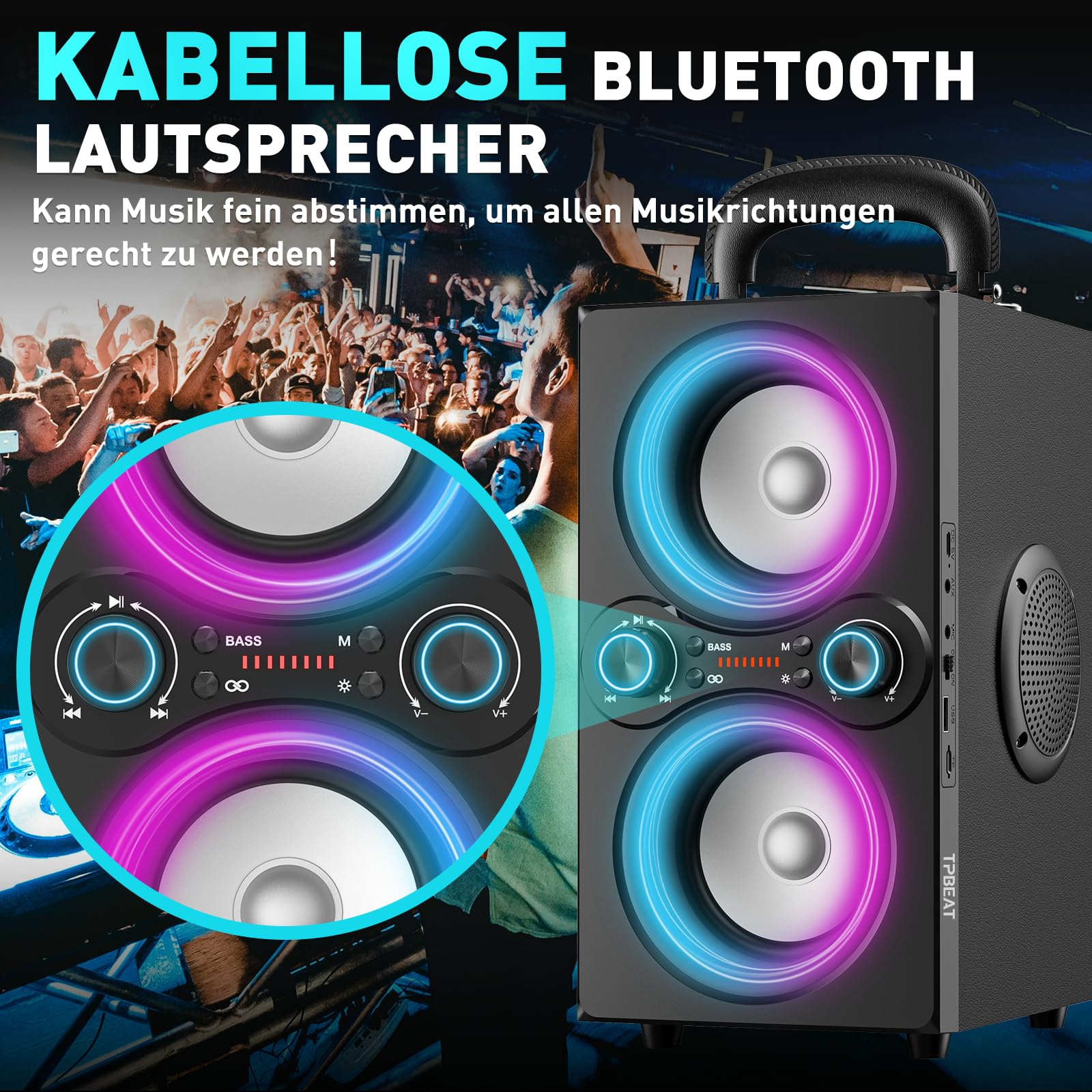 TPBEAT Bluetooth Lautsprecher, 80W Wireless Bluetooth Box Musikbox Groß, Bass Boost, with Licht, 100dB Huge Sound TWS Stereo Party Soundbox, mit Mikrofon Eingang/USB/TF/AUX