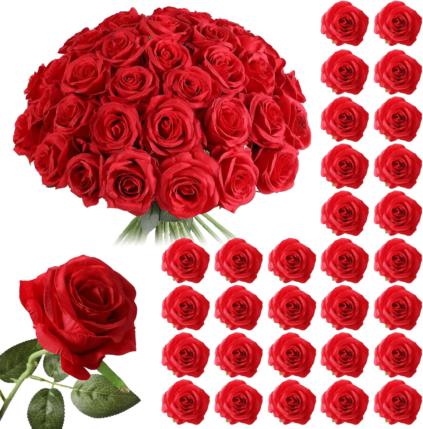 JUSTOYOU 30PCS Artificial Roses Silk Flowers in Bulk, Realistic Red Fake Roses for Wedding Decorations, Home Decor, Centerpieces, Indoor Floral Arrangements