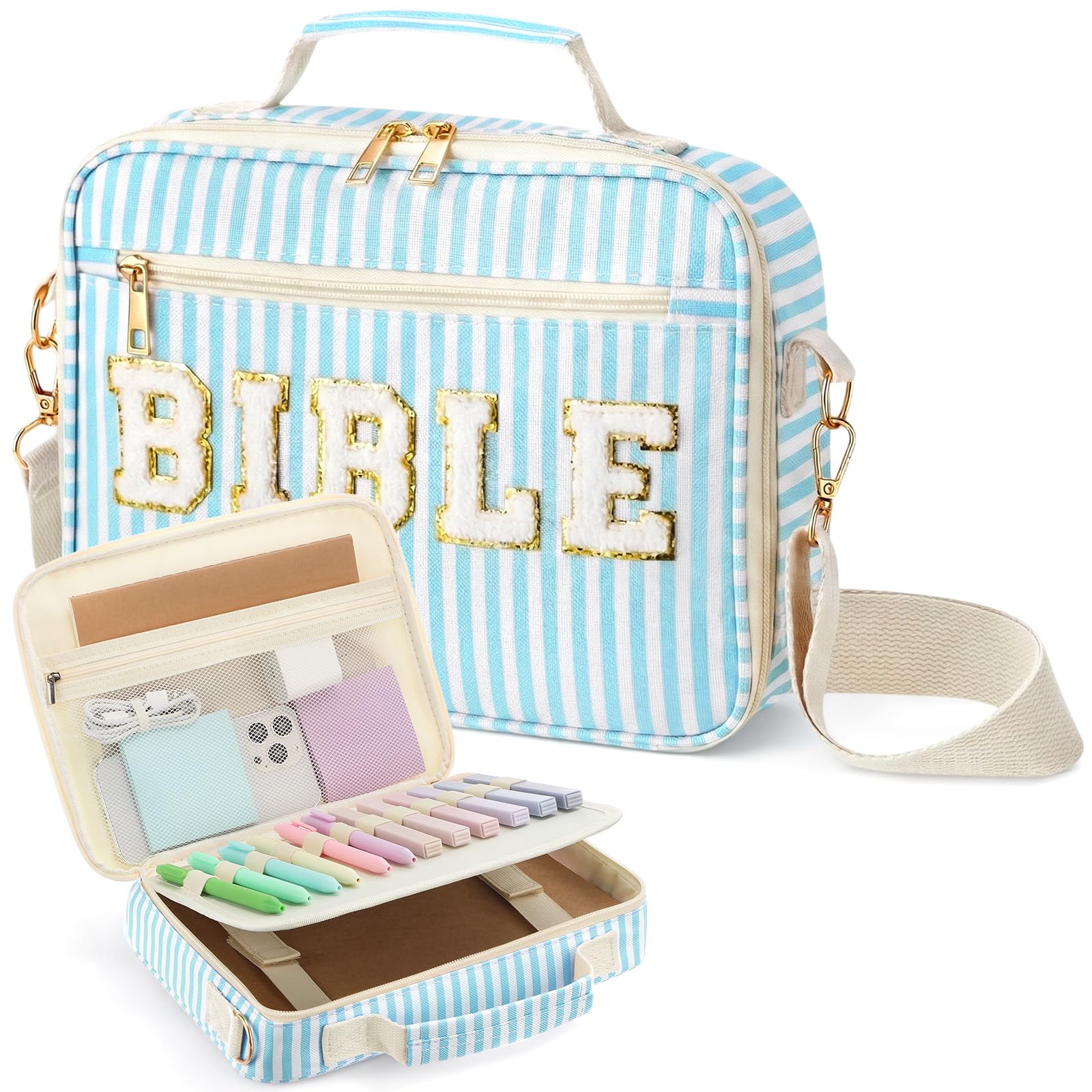 Dansydaisy Bible Cover Case for Women Large Chenille Letter Stripe Church Bible Bag with Shoulder Strap for Women(Sky Blue)