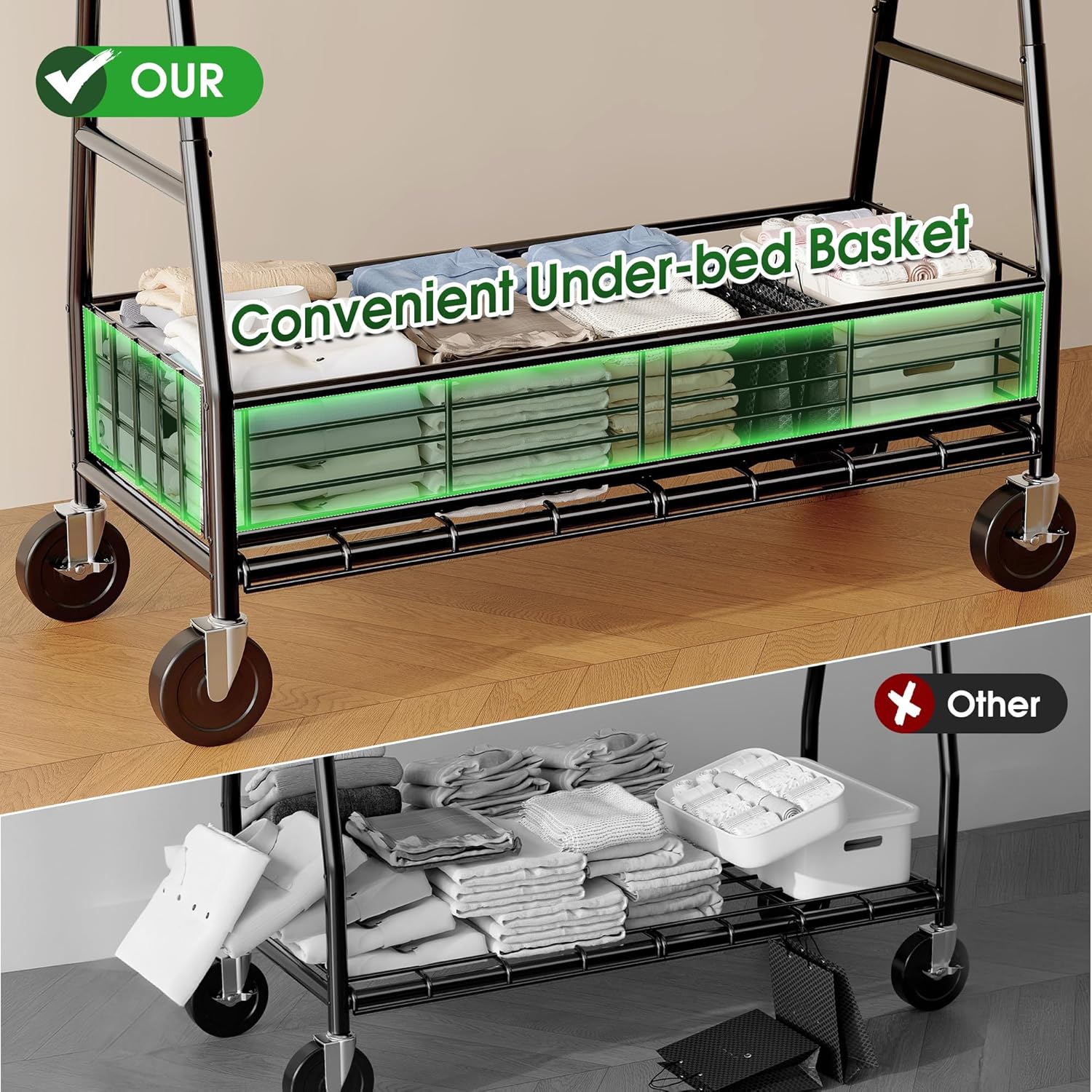 Raybee Heavy Duty Clothes Rack 630LBS, Double Rods Clothing Rack with Storage Basket, Portable Garment Rack for Heavy Clothes, Extendable & Adjustable, Bedroom, Closet, Commercial, Black