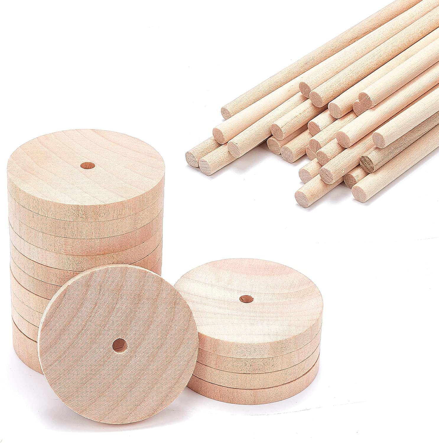 OLYCRAFT 52pcs Wooden Craft Wheels with 26pcs Wooden Sticks 2 Inch Diameter Unfinshed Wood Wheel Sticks Set Small Wood Wheels Flat Craft Wheels for DIY Crafts Painting image 4