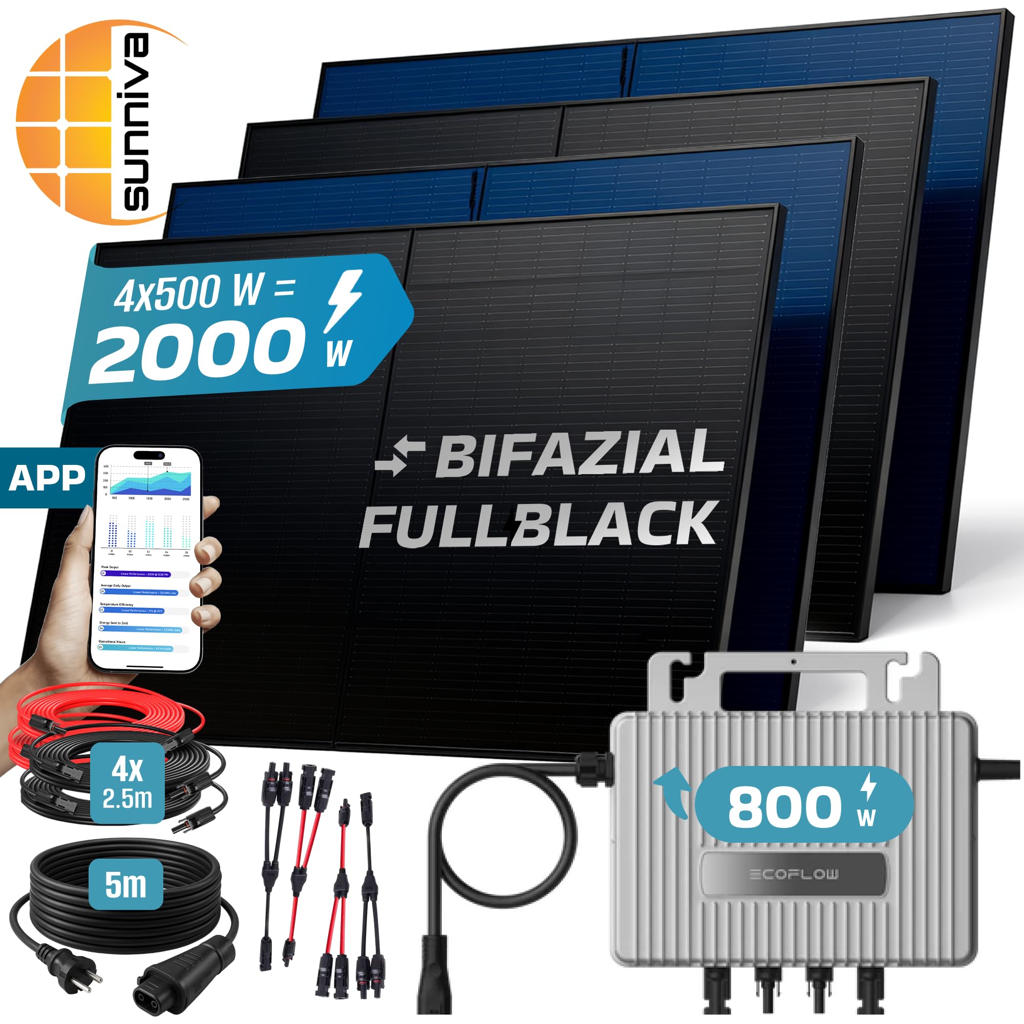 SUNNIVA® 2000W Balkonkraftwerk BIFAZIAL FULLBLACK komplett Steckdose ECOFLOW 800W Wechselrichter, PV Solaranlage, 4x 500W Glas Solarmodule, inkl. 5m Kabel, Bluetooth WIFI, Komplettset