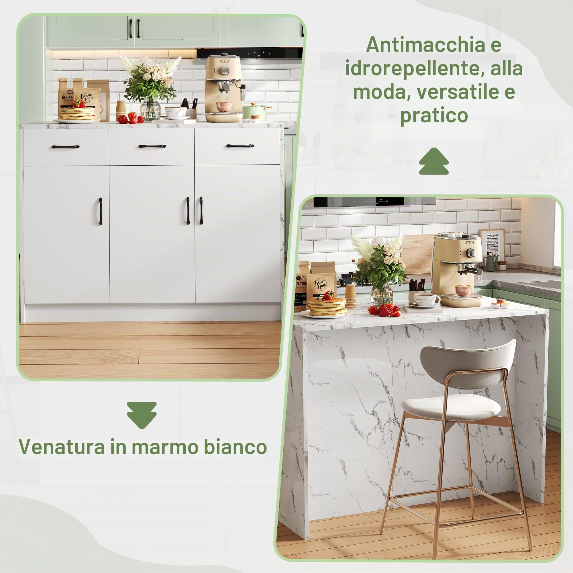 Armadio da cucina 120 x 60 x 90,5 cm, 3 cassetti e 3 ante, design marmo bianco, ripiani regolabili, design zona bar – Utensili da cucina eleganti e pratici