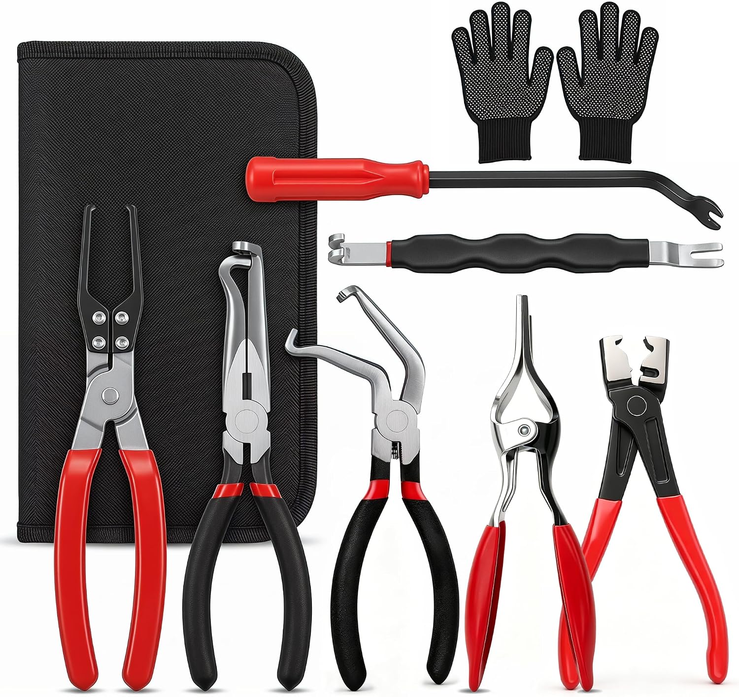 9 PCS Electrical Disconnect Pliers for Cars, Automotive Connector Removal Tool Kit with Relay Puller, Hose Removal Pliers, Panel Clip Remover & Filter Caliper, Storage Bag & Gloves for SUVs Trucks