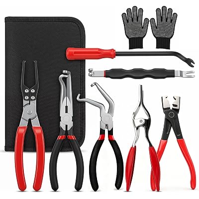 9 PCS Electrical Disconnect Pliers for Cars, Automotive Connector Removal Tool Kit with Relay Puller, Hose Removal Pliers, Panel Clip Remover & Filter Caliper, Storage Bag & Gloves for SUVs Trucks