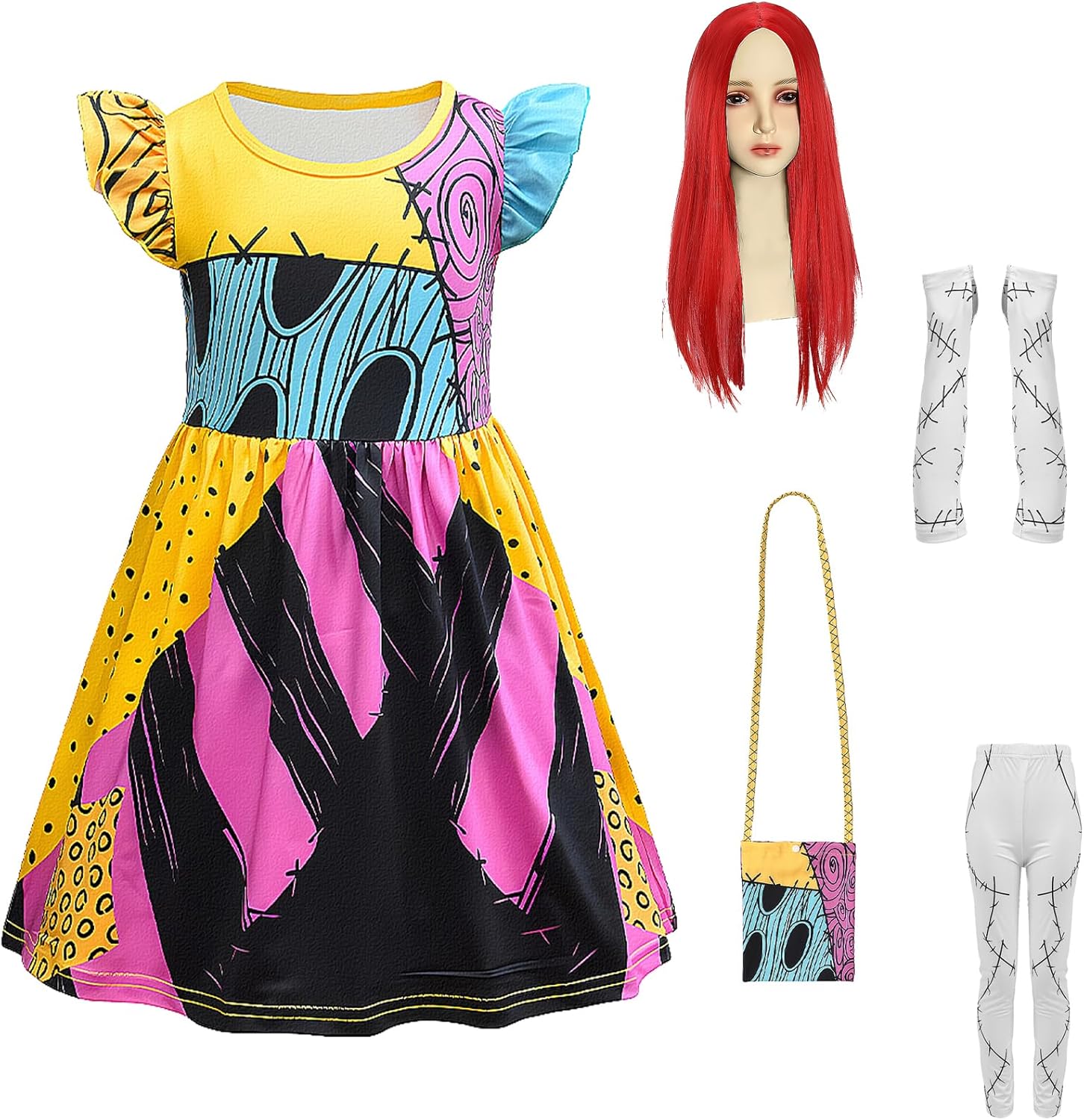 5PCS Sally Costume for Girls Kids Christmas Nightmare Dress Wig Bag Tights Glove Halloween Costume Cosplay Outfit Red