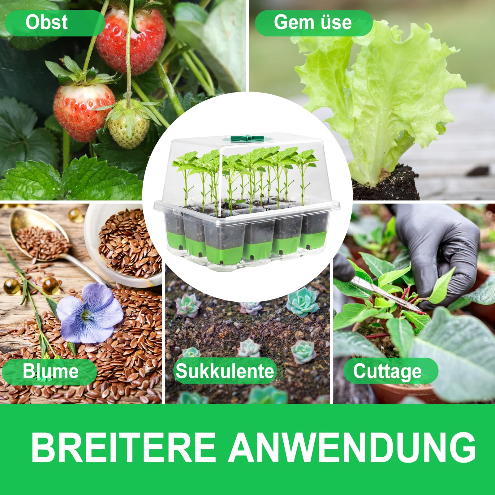 12 Zellen Anzuchtset Mini Gewächshaus, 1 Stück Anzuchtkasten Zimmergewächshaus mit Silikon-Zellen, Belüftungshaube für Pflanzenanzucht (Grün)